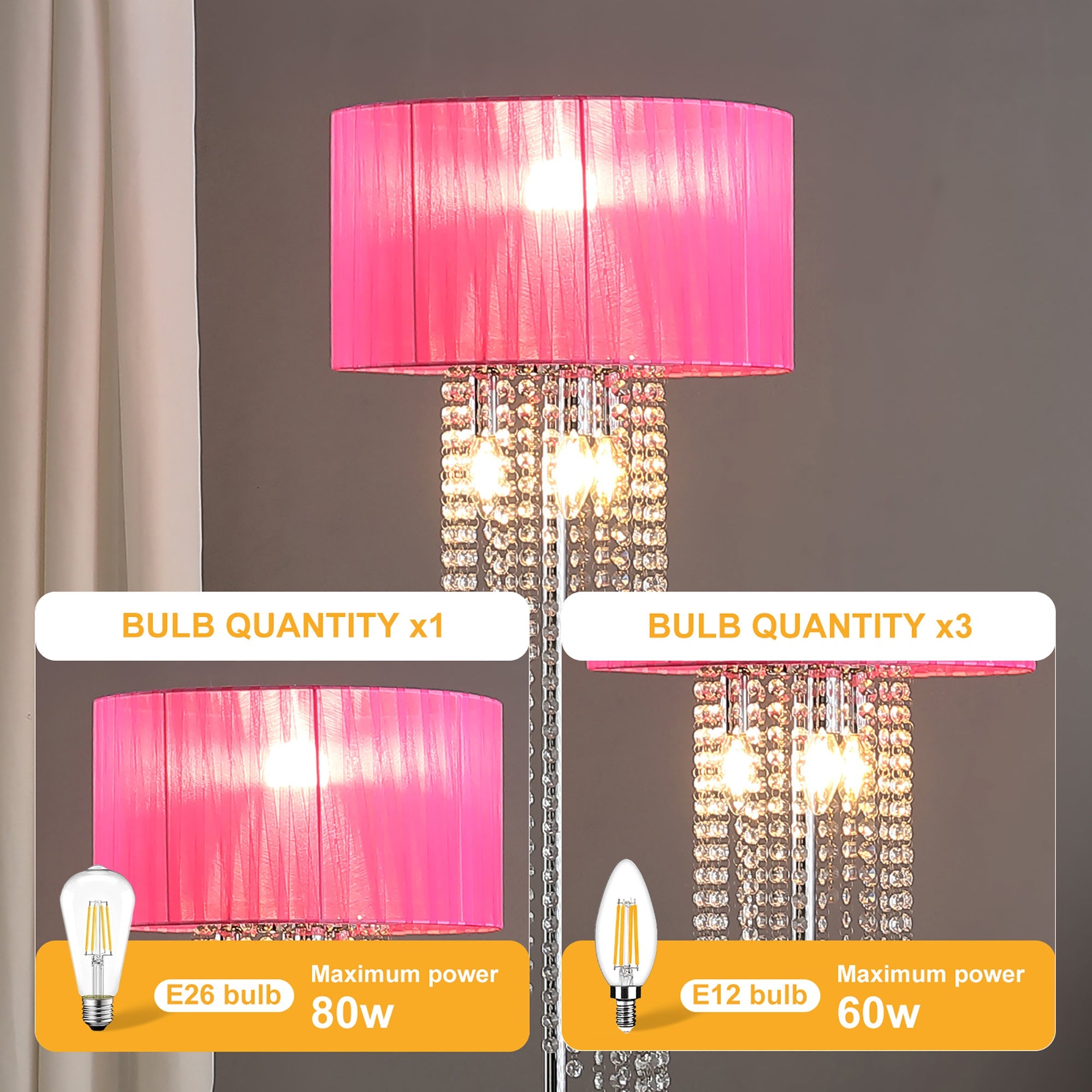 65.75'H Sheer Hot Pink Drum Shade Rain Crystal Chrome Metal Floor Lamp for Living Room, Standing Lamp for Bedroom