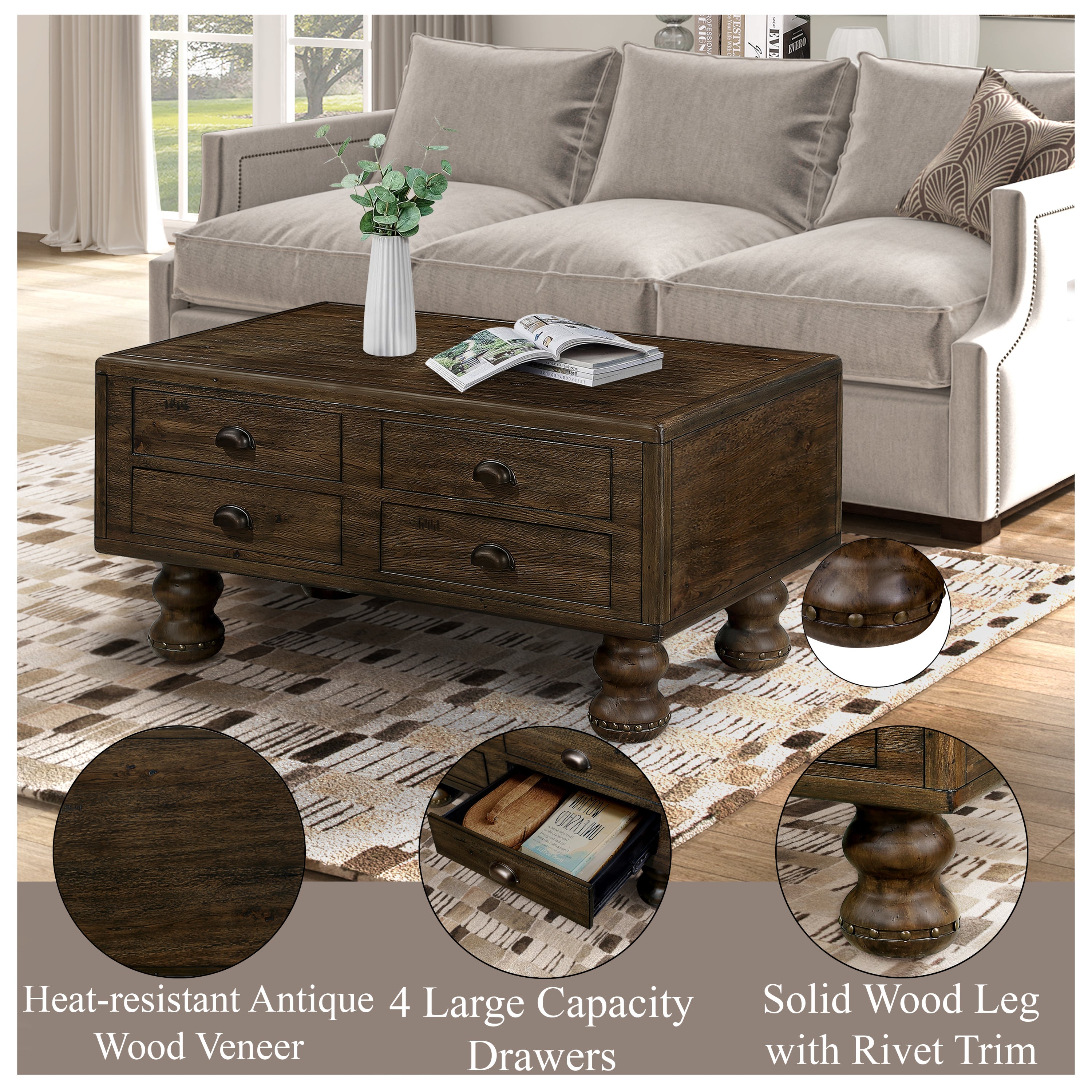 Solid Wood Rectangle Coffee Table for Living Room, 40-Inch Antique Coffee Table with 4 Drawers, Wood Center Table Tea Table with Rivet Decoration Legs.Easy Assembly, Espresso