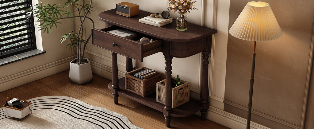 TREXM Narrow Console Table with Curved Corner, Retro Entryway Table with Top Drawer and Open Shelf, Sofa Table Console Tables for Entryway, Hallway and Living Room (Espresso)