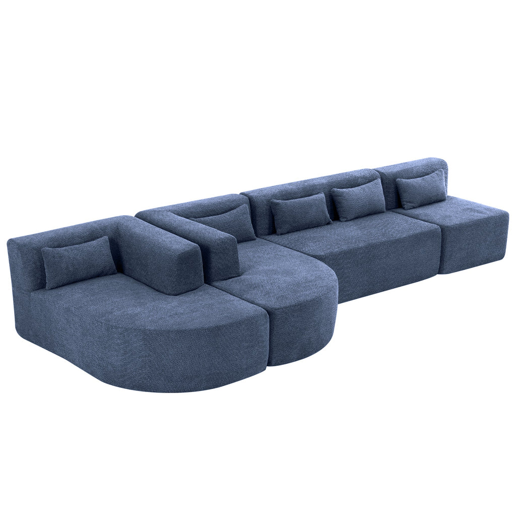 144' Upholstered Sofa Free-combined Sofa Couch with Two Chaise Lounge and Five Back Pillows for Living Room, Blue