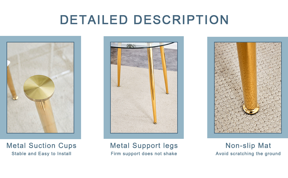 Round dining table with glass top, gilded metal legs, exquisite living, starting from the details, the gold legs show an extraordinary texture, which is the finishing touch to your home.36*36