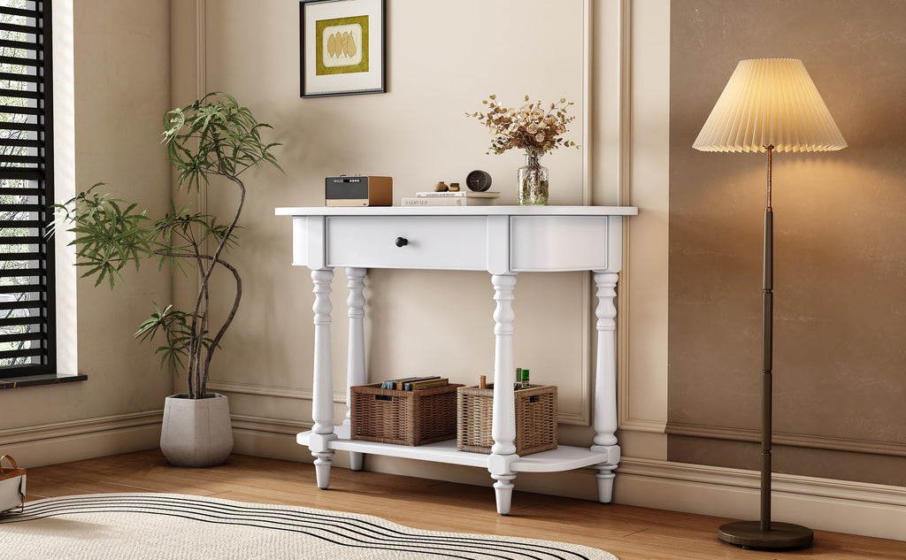 TREXM Narrow Console Table with Curved Corner, Retro Entryway Table with Top Drawer and Open Shelf, Sofa Table Console Tables for Entryway, Hallway and Living Room (White)