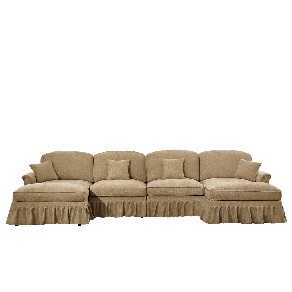 Classic U Shape 4 Seater Modular Sectional Sofa Couch with Flared Arms and Removable Ruffles Pleats Skirts and Spindle Legs, Chenille Deep Seat Cloud Sofa with Movable Ottomans, Light Coffee