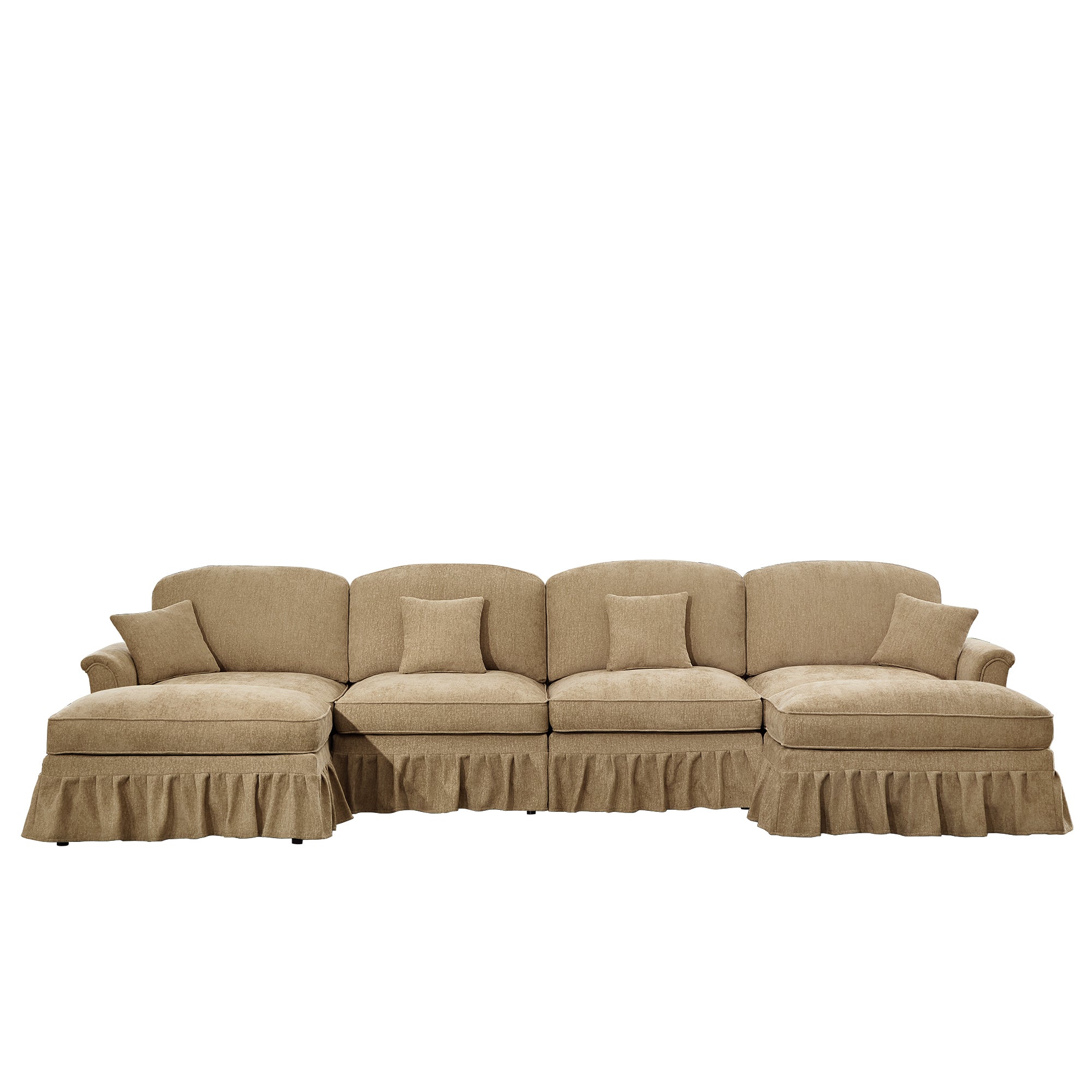 Classic U Shape 4 Seater Modular Sectional Sofa Couch with Flared Arms and Removable Ruffles Pleats Skirts and Spindle Legs, Chenille Deep Seat Cloud Sofa with Movable Ottomans, Light Coffee