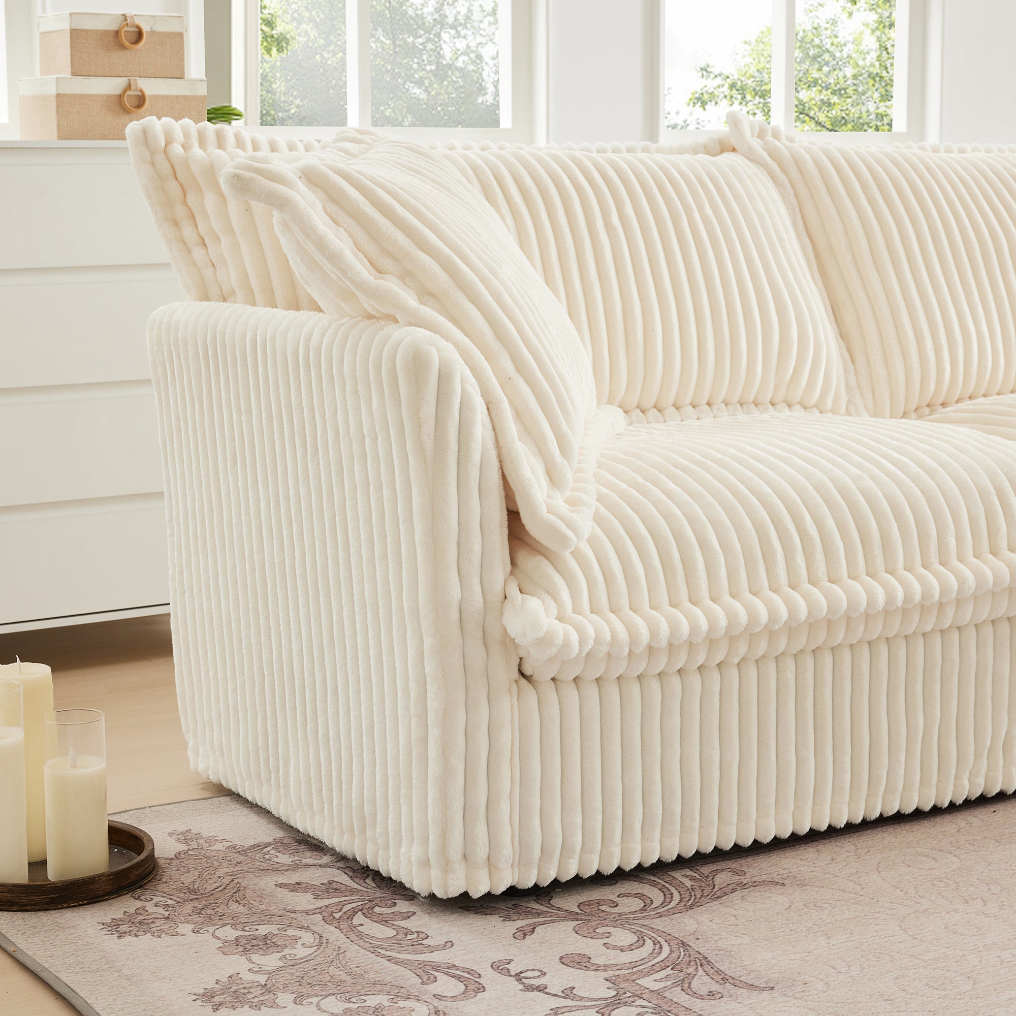Slipcovered Sofa 2 Seater Sofa    With 2 Ottomans, 2 Seater Sleeper Sofa Bed Home Theater Oversized Sofa For Living Room, Corduroy, Cream