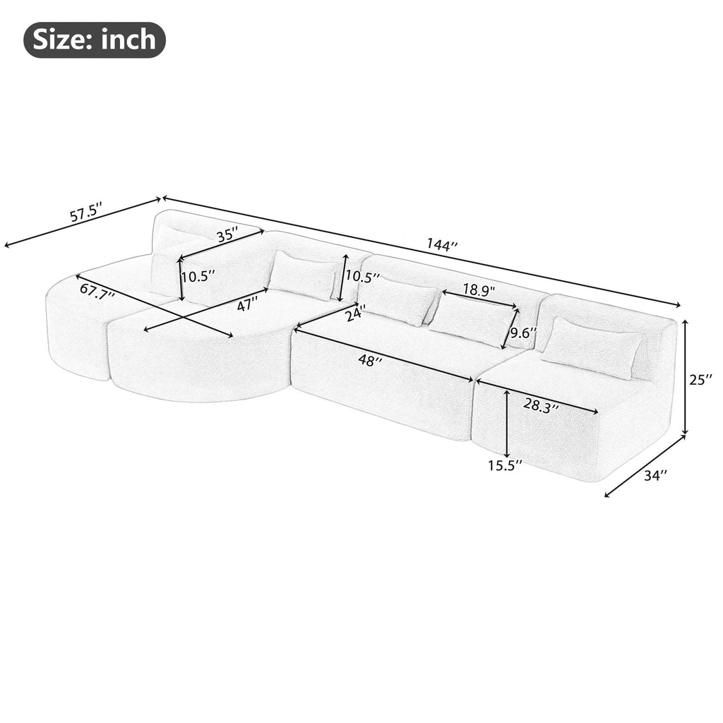 144' Upholstered Sofa Free-combined Sofa Couch with Two Chaise Lounge and Five Back Pillows for Living Room, Blue