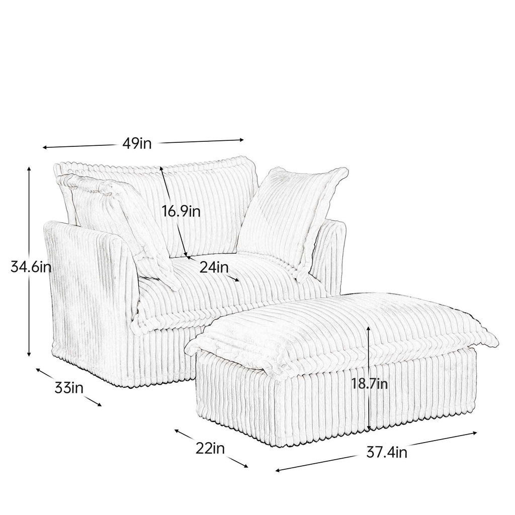 Upholstered Slipcovered Armchair with Ottoman,  Deep Seat Armchair W/ Wide Ottoman for Living Room, Armchair Sets with Large Soft Pillows(Set of 2),Gray Corduroy Fabric