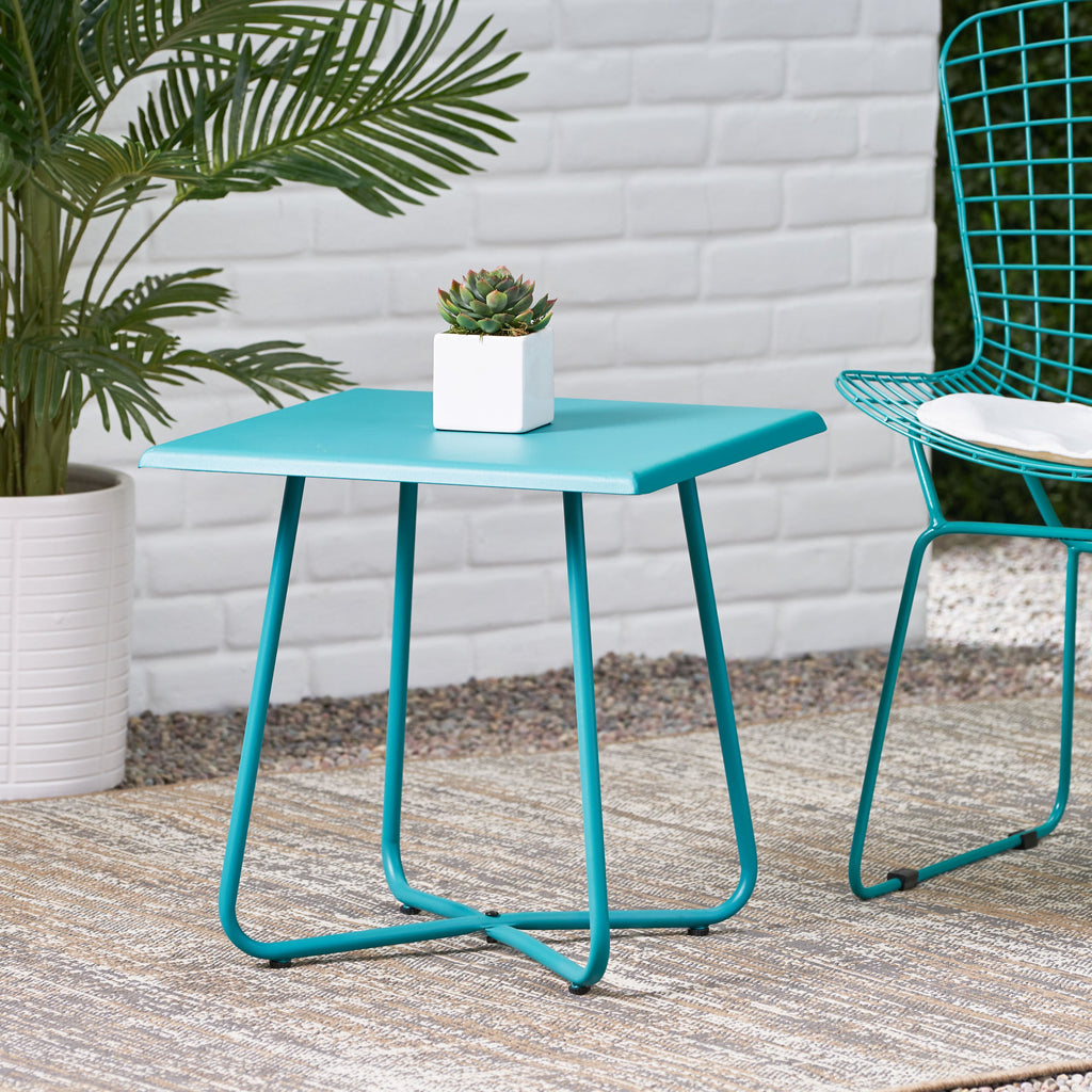 18' Outdoor Steel Side Table with X-Shape Bottom Crossing Legs, Teal