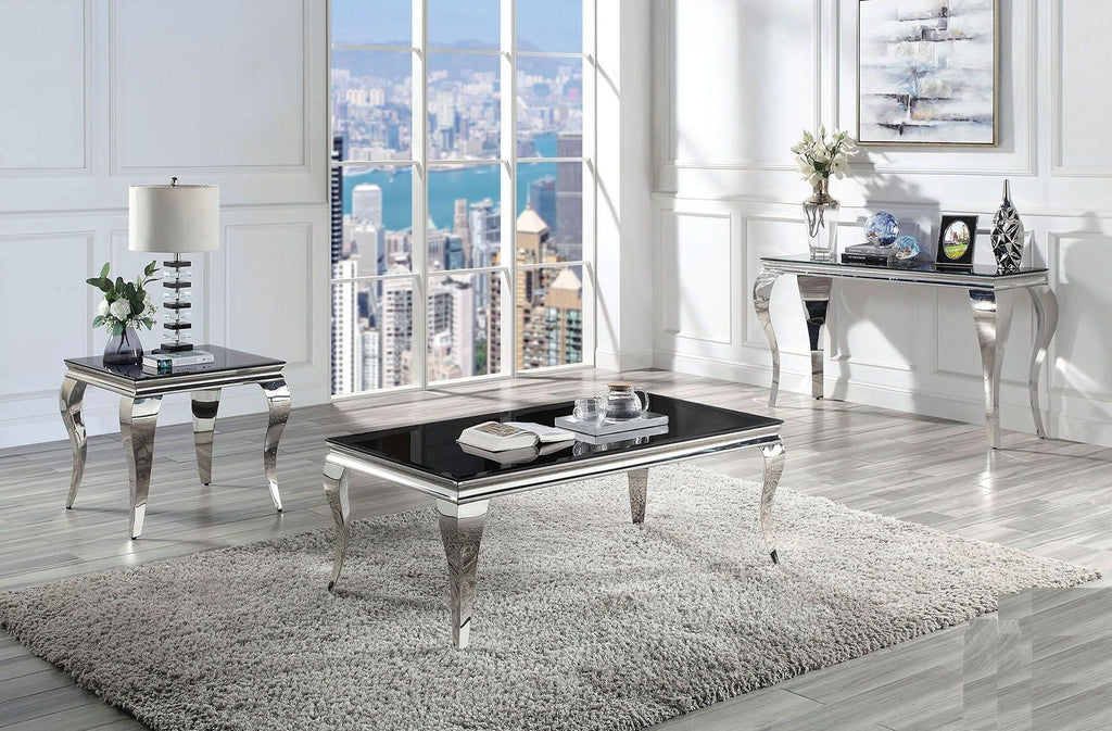 Glam Contemporary1pc Coffee Table Black Glass Top Silver Color Table Living Room Stainless Steel Cabriole-Style Legs