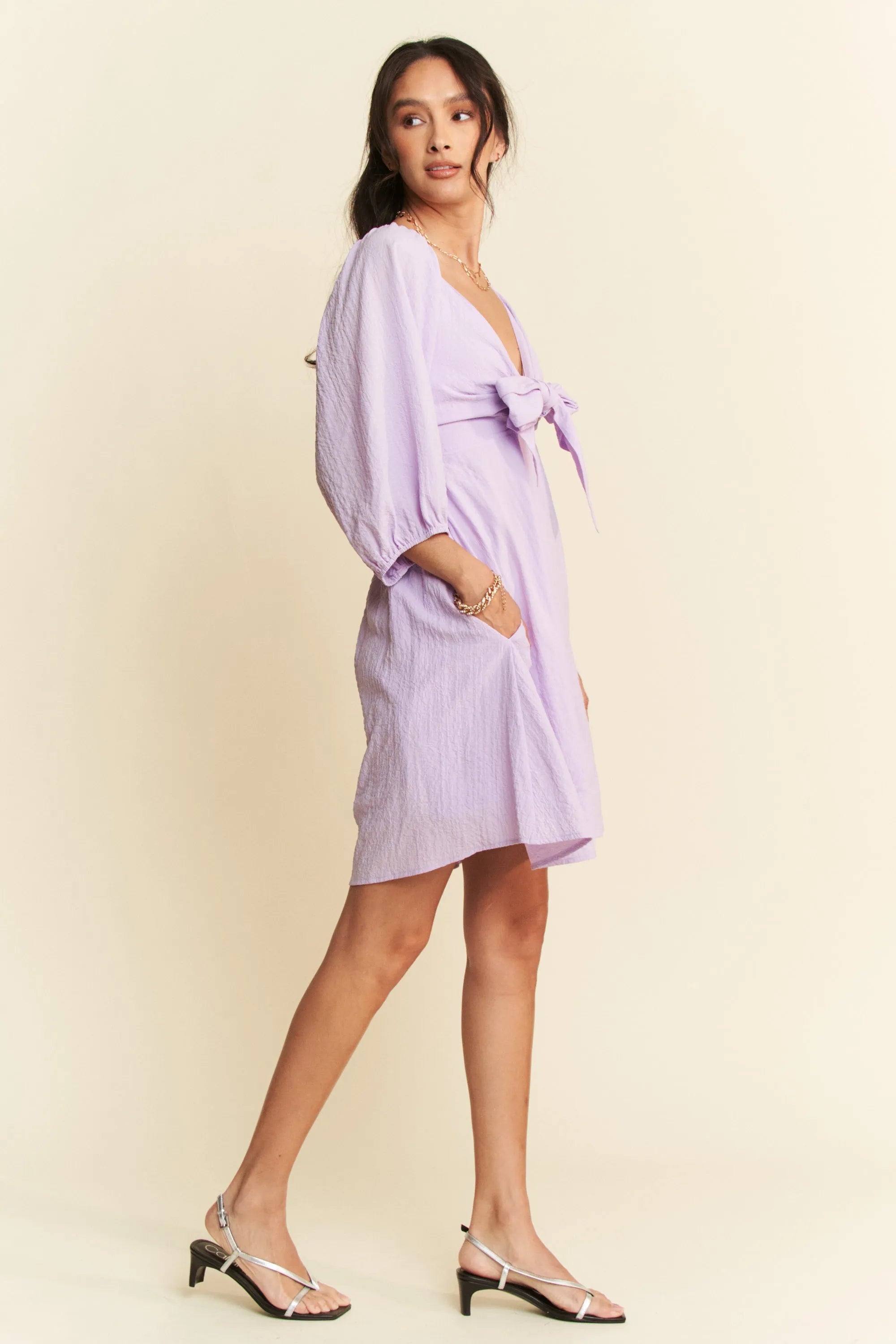 Davi & Dani Self-Tie Puff Sleeve Smocking Open Back Mini Dress