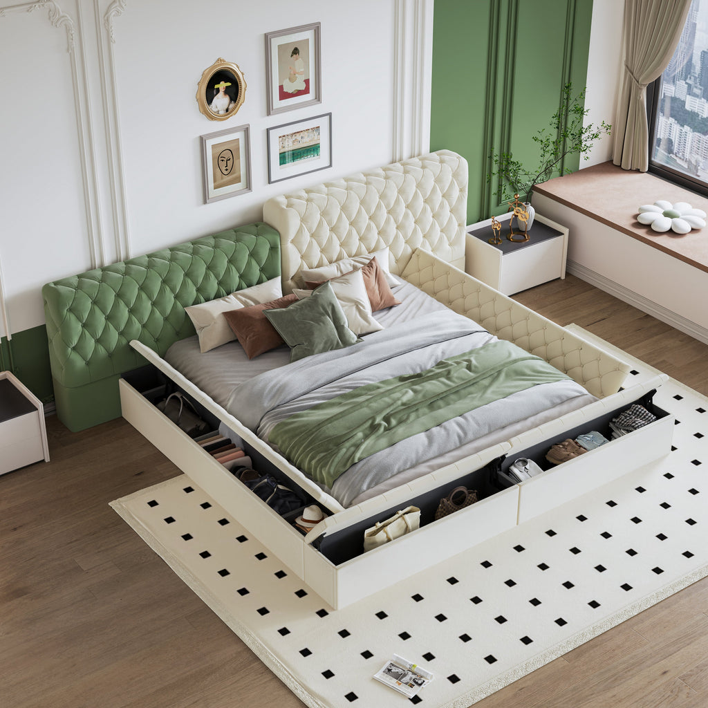 Contemporary Special-shaped Fully Upholstered Bed with Deep Button Tufting and Storage Compartments in Rails and Footboard,No Box Spring Needed,King,Beige