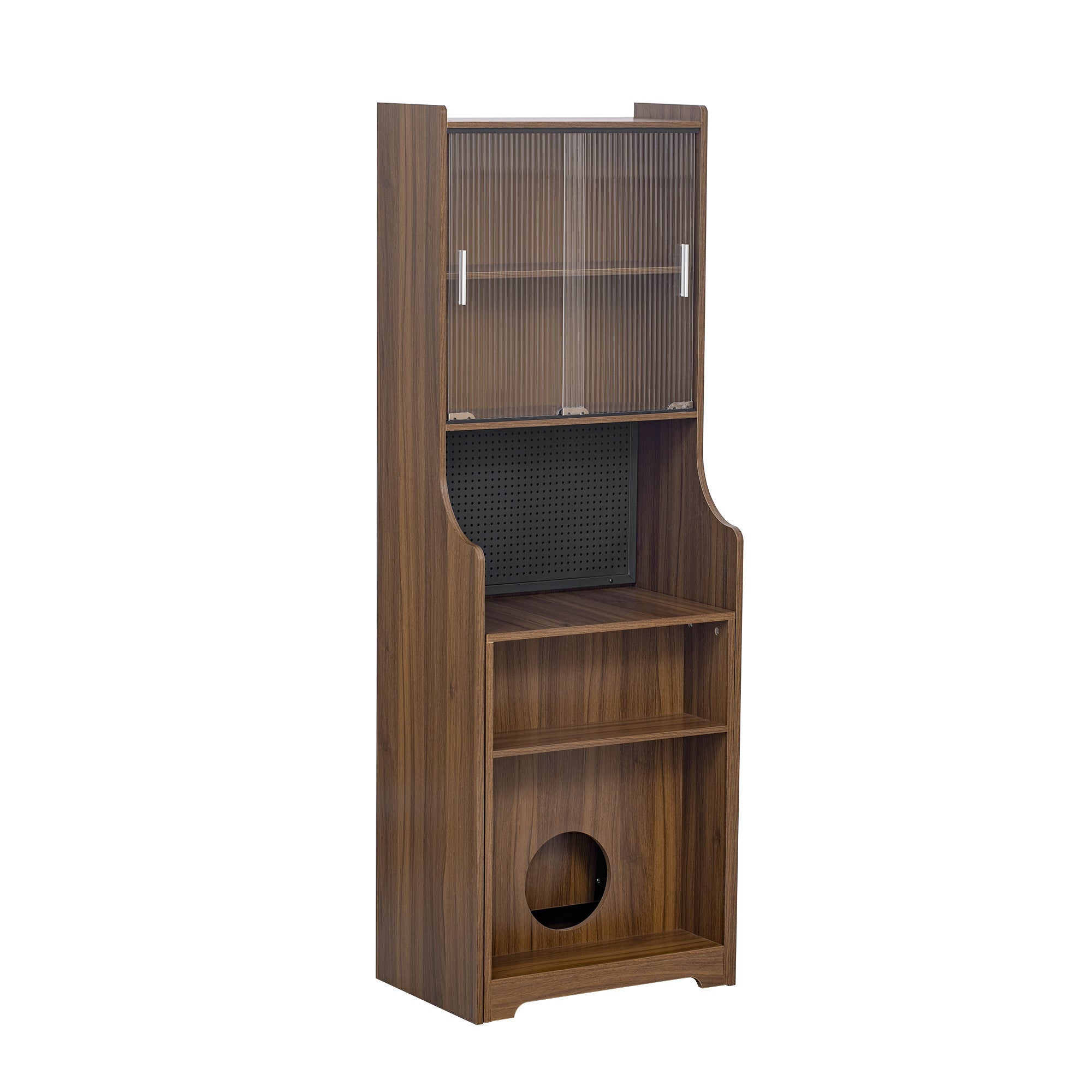 Modern Wooden Foldable Desk with Hutch & Storage, Home Office Pet-friendly Gaming Desk with Shelves, Space-Saving Workstation with Free Cat Bed & Scratching Post