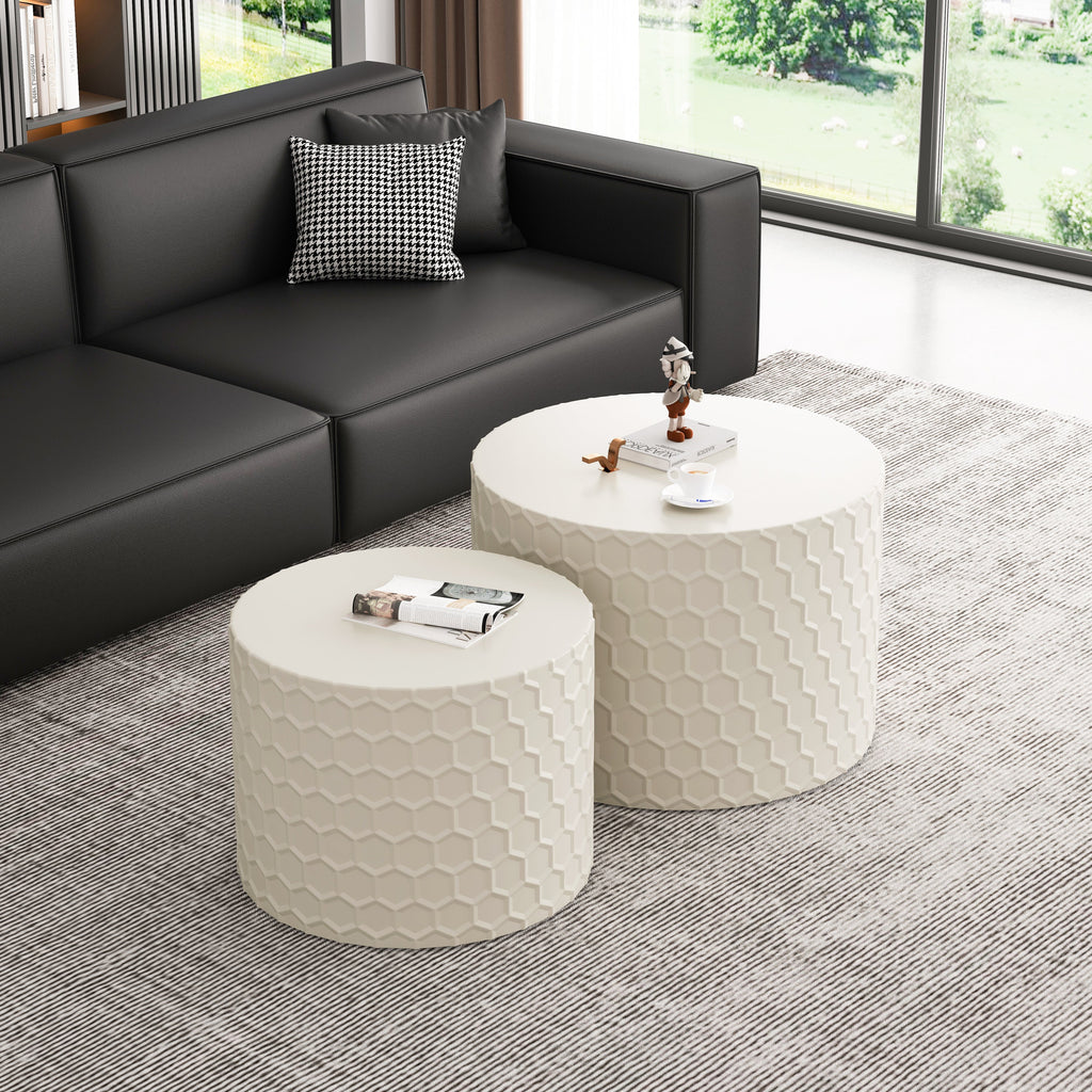 Stylish and Minimalist Nesting Coffee Table Set with Honeycomb Design, Modern Round Coffee Table, Drum Circle Coffee Table  for Living Room, Bedroom, Beige(Set of 2 Pieces)