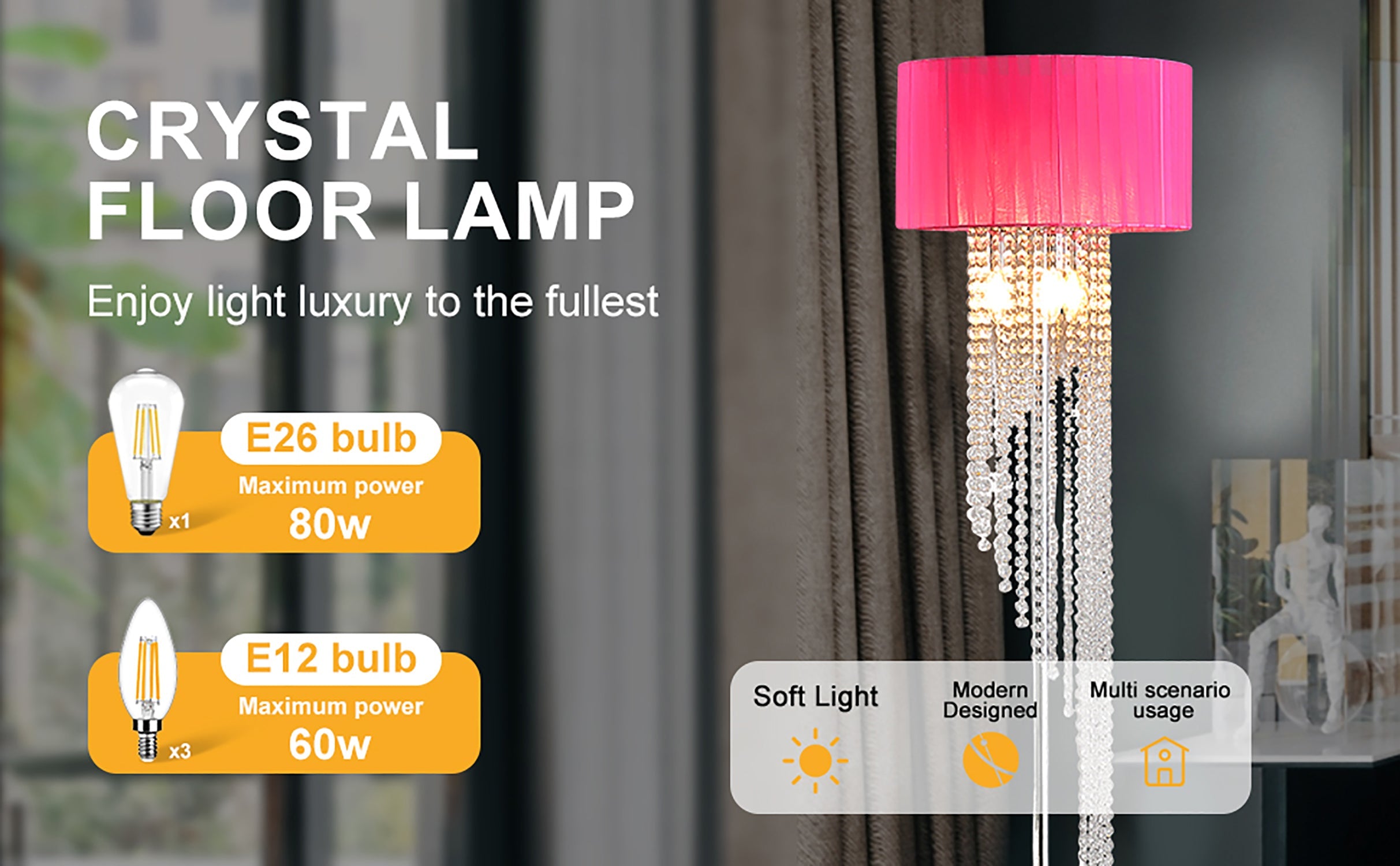 65.75'H Sheer Hot Pink Drum Shade Rain Crystal Chrome Metal Floor Lamp for Living Room, Standing Lamp for Bedroom