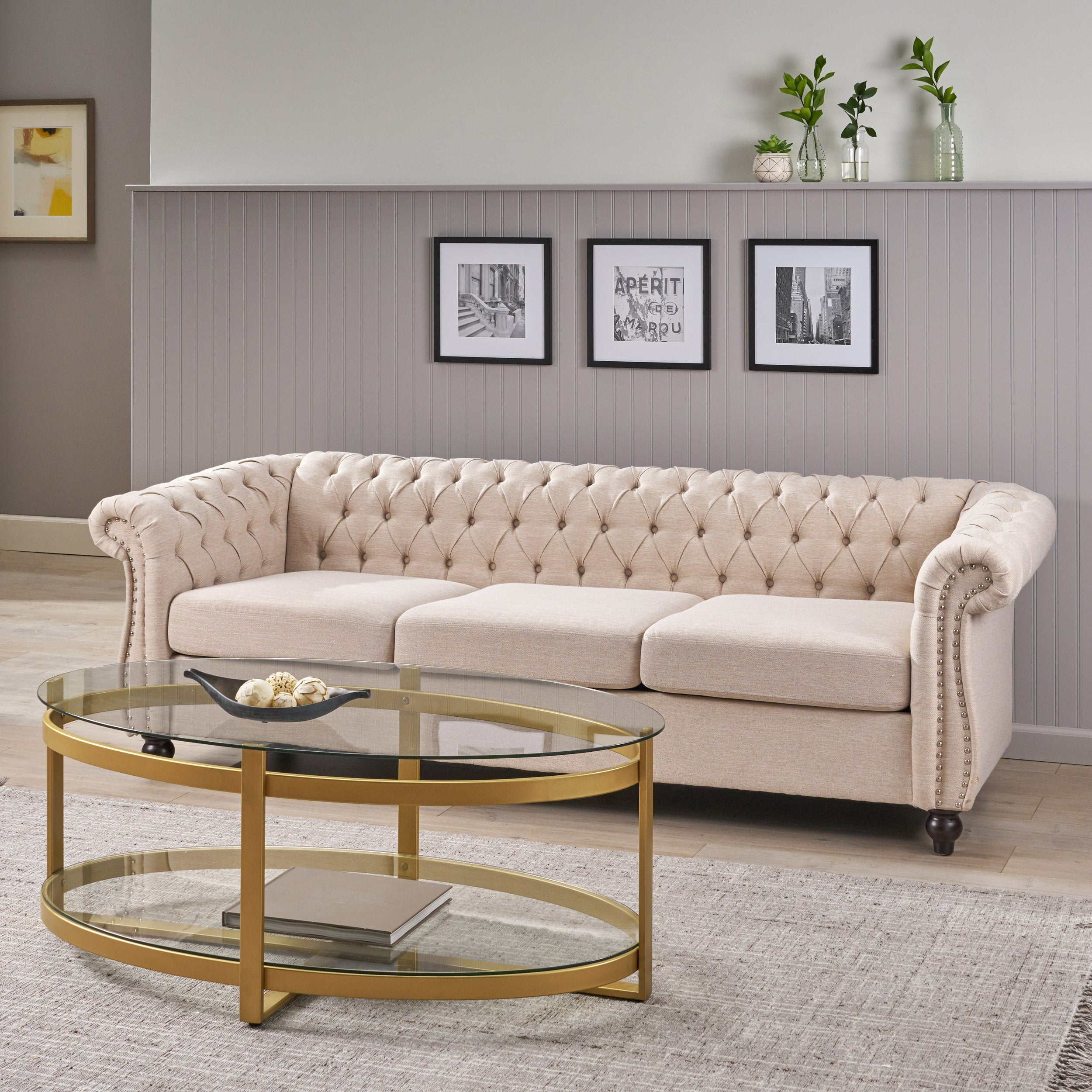 Chesterfield Style 3-Seater Sofa with Deep Button Tufting in Beige Fabric