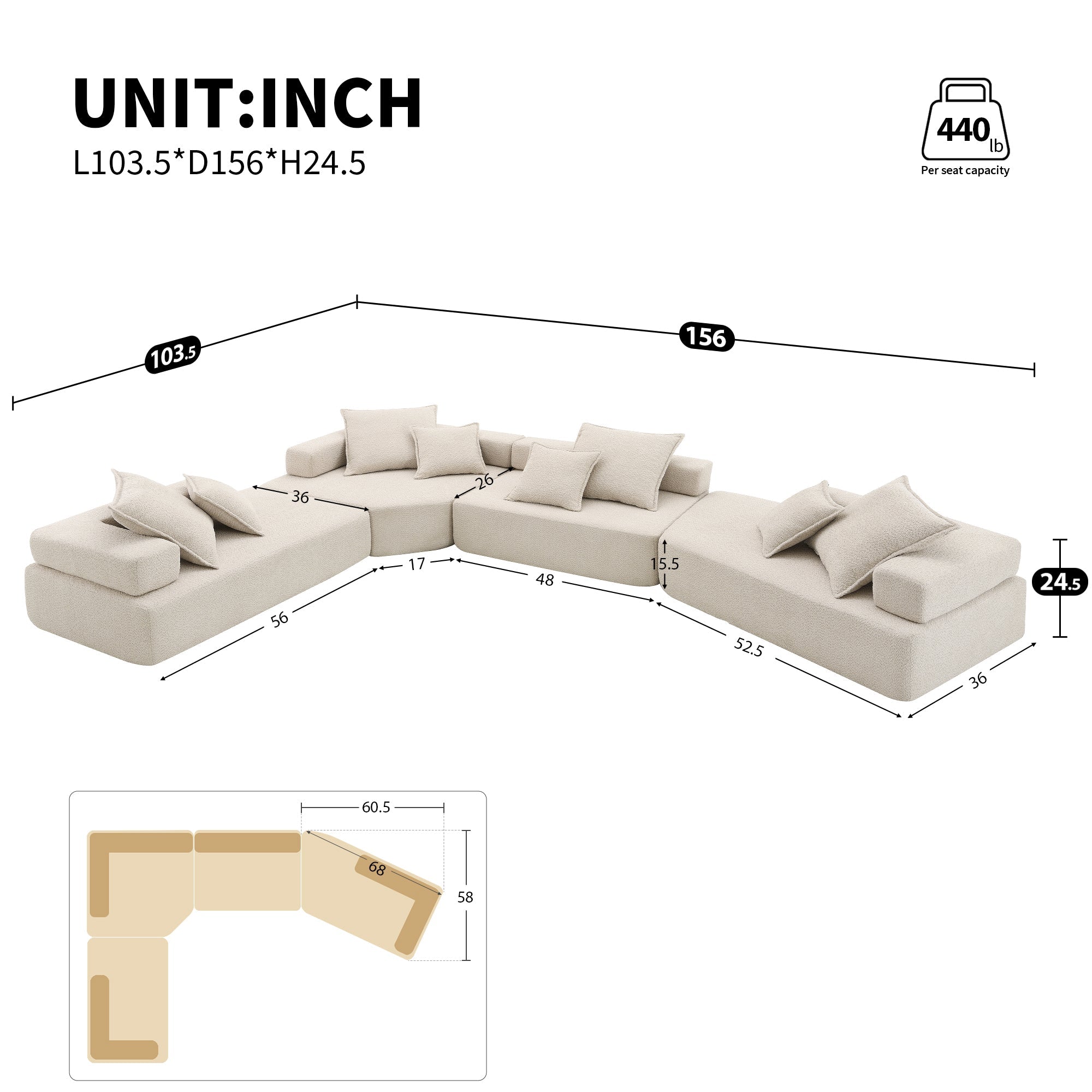 156''Oversized Modular U Shaped Sectional Sofa,Luxury Boucle Floor Couch Set,Convertible Compressed Couch,Spacious Foam-Filled Sofa for Living Room,4 PC Free Combination,2 Colors