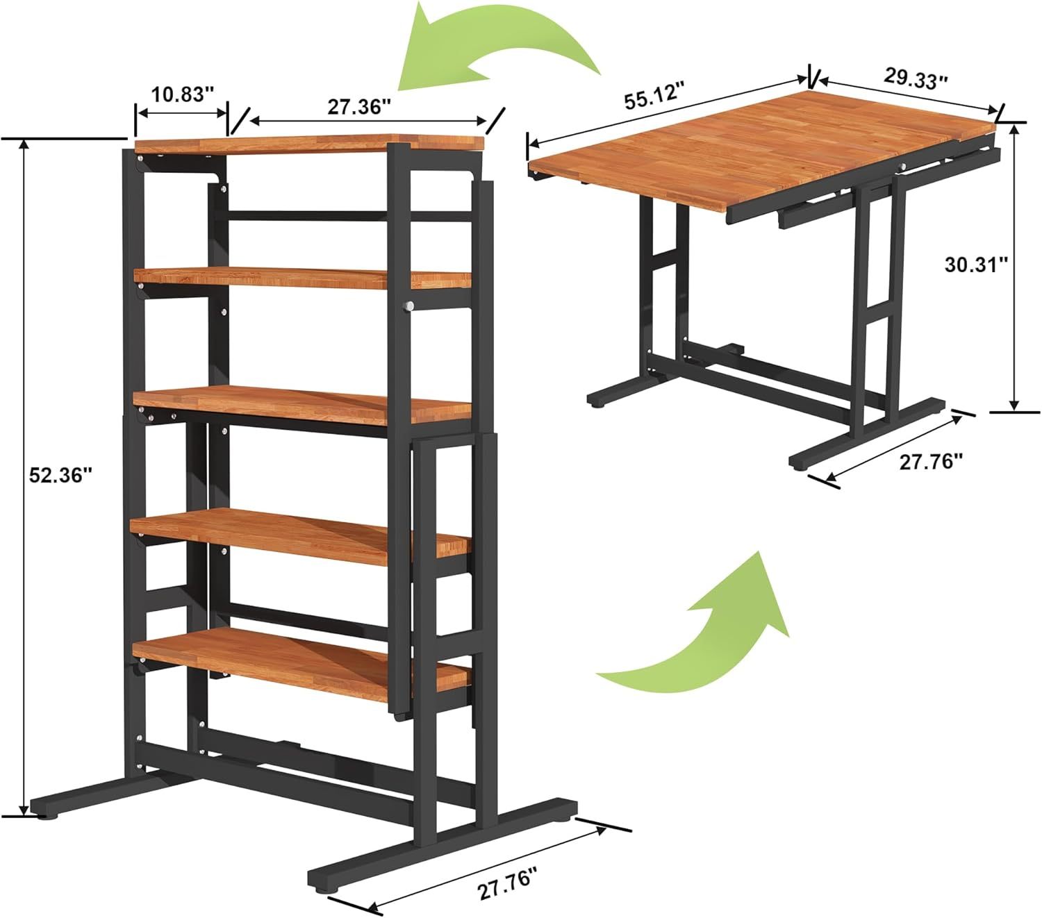 Extendable Dining Table Convertible 2 in 1 Shelf to Table with Metal Frame Industrial and Rustic Style for Small Spaces, Kitchen & Dining Room