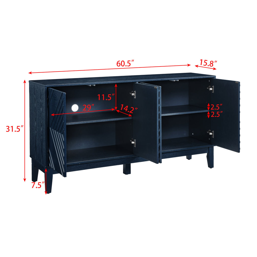 60.5'' Buffet Cabinet with Storage, Farmhouse Fluted Sideboard with Geometric Pattern & Adjustable Shelves, Mid Century Modern TV Stand for Living Room Kitchen Dining Room Entryway, Blue