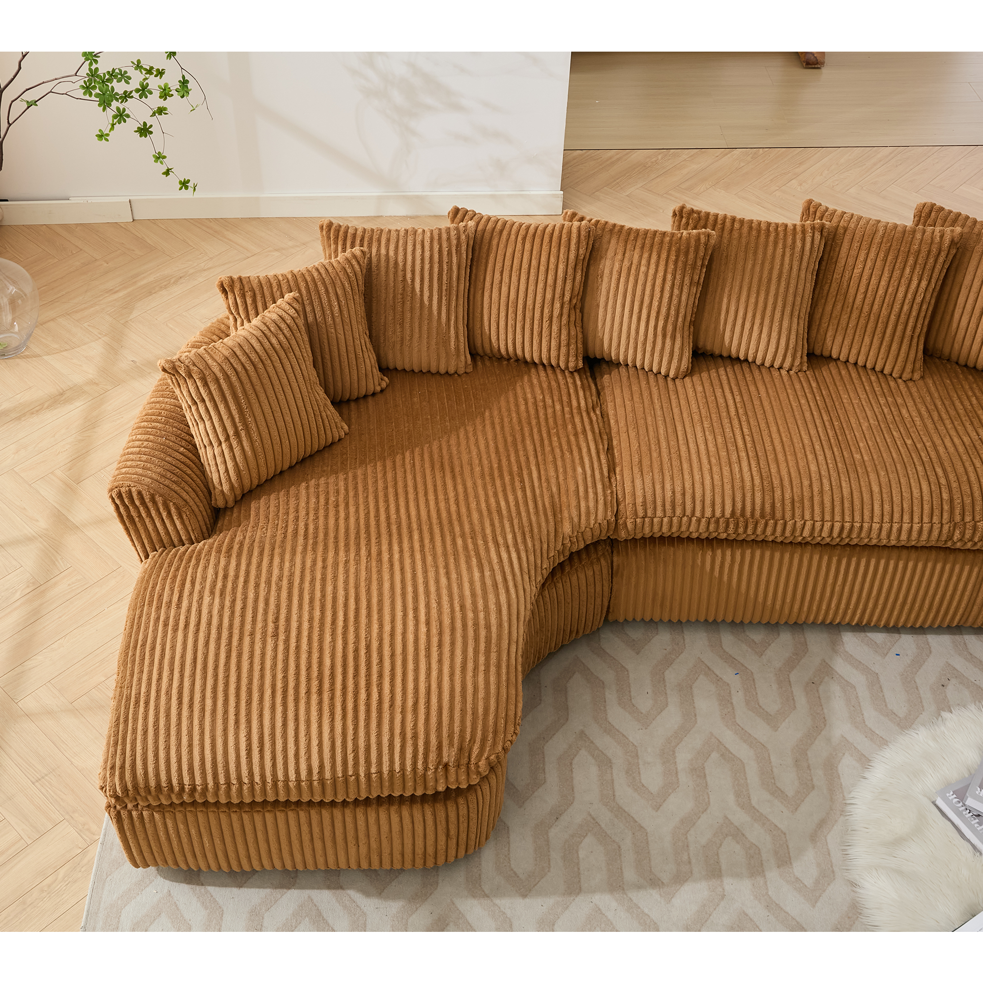 127''  Large Sectional Sofa ,Elegant Curved Design ,High-Resilience Foam ,Ten Back Cushions,L-Shape Left Sofa,No Assembly  Required , (Brown-Soft Corduroy Fabric)