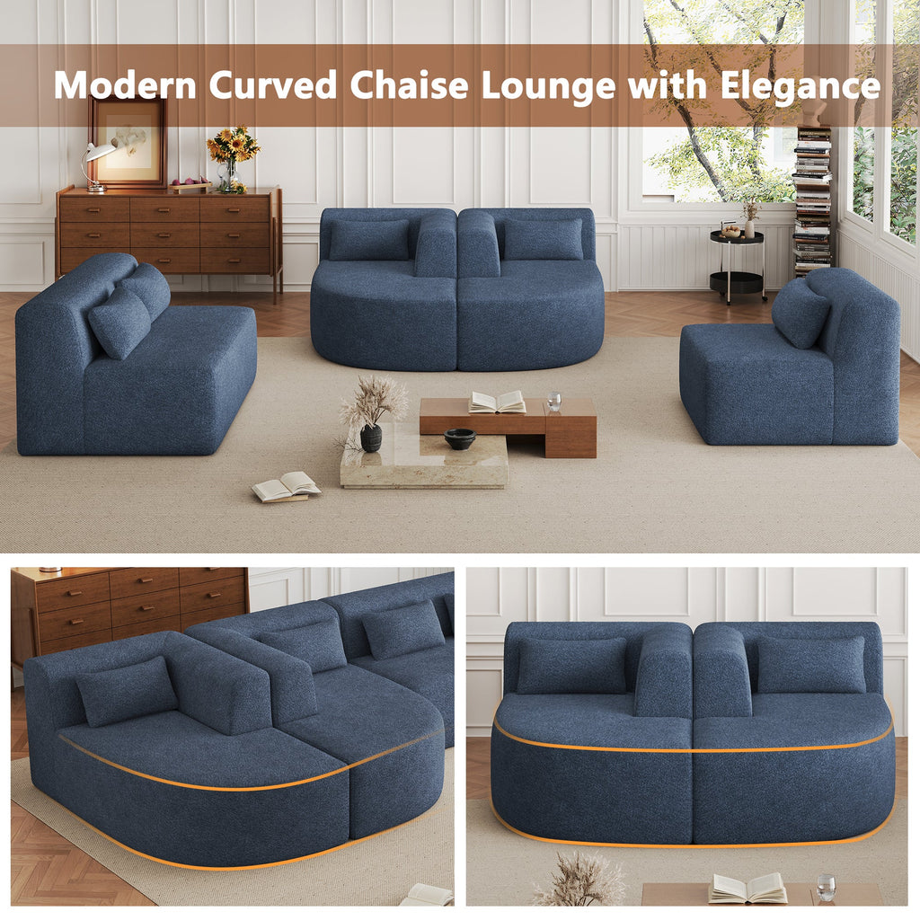 144' Upholstered Sofa Free-combined Sofa Couch with Two Chaise Lounge and Five Back Pillows for Living Room, Blue