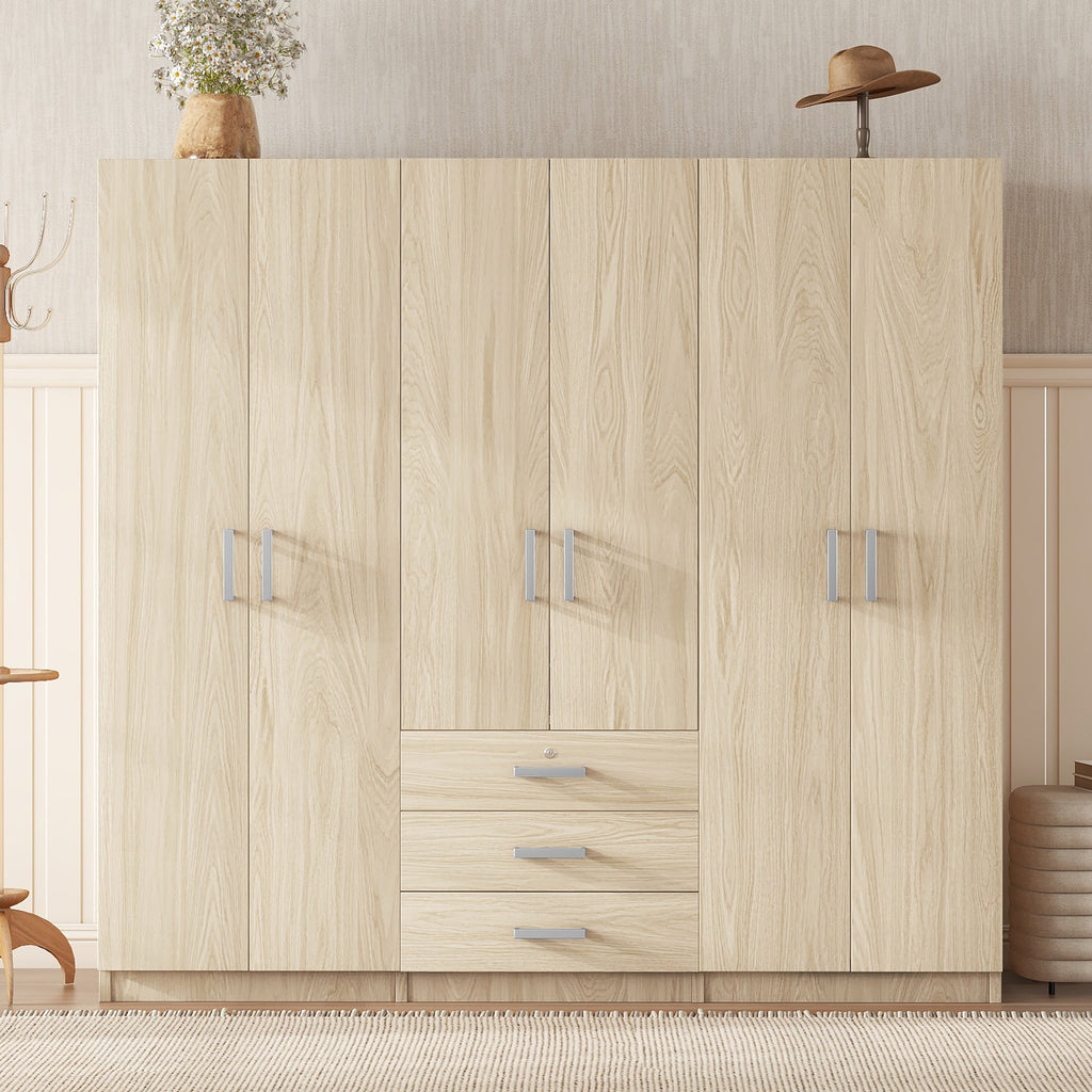 6-Doors Wooden Wardrobe Storage for Bedroom, with Big Drawers, Gray