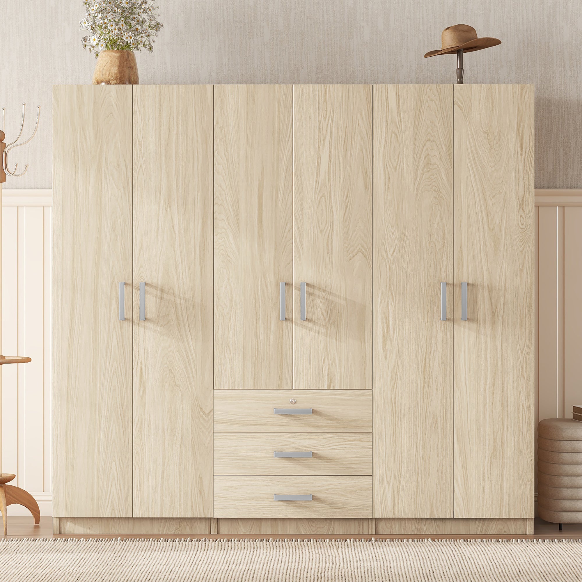 6-Doors Wooden Wardrobe Storage for Bedroom, with Big Drawers, Gray