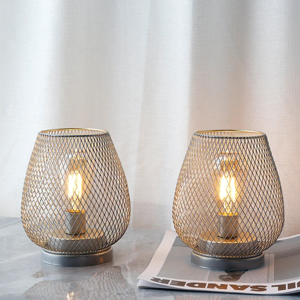 Set of 2-6.7"H Metal Cage LED Lantern（Silver）