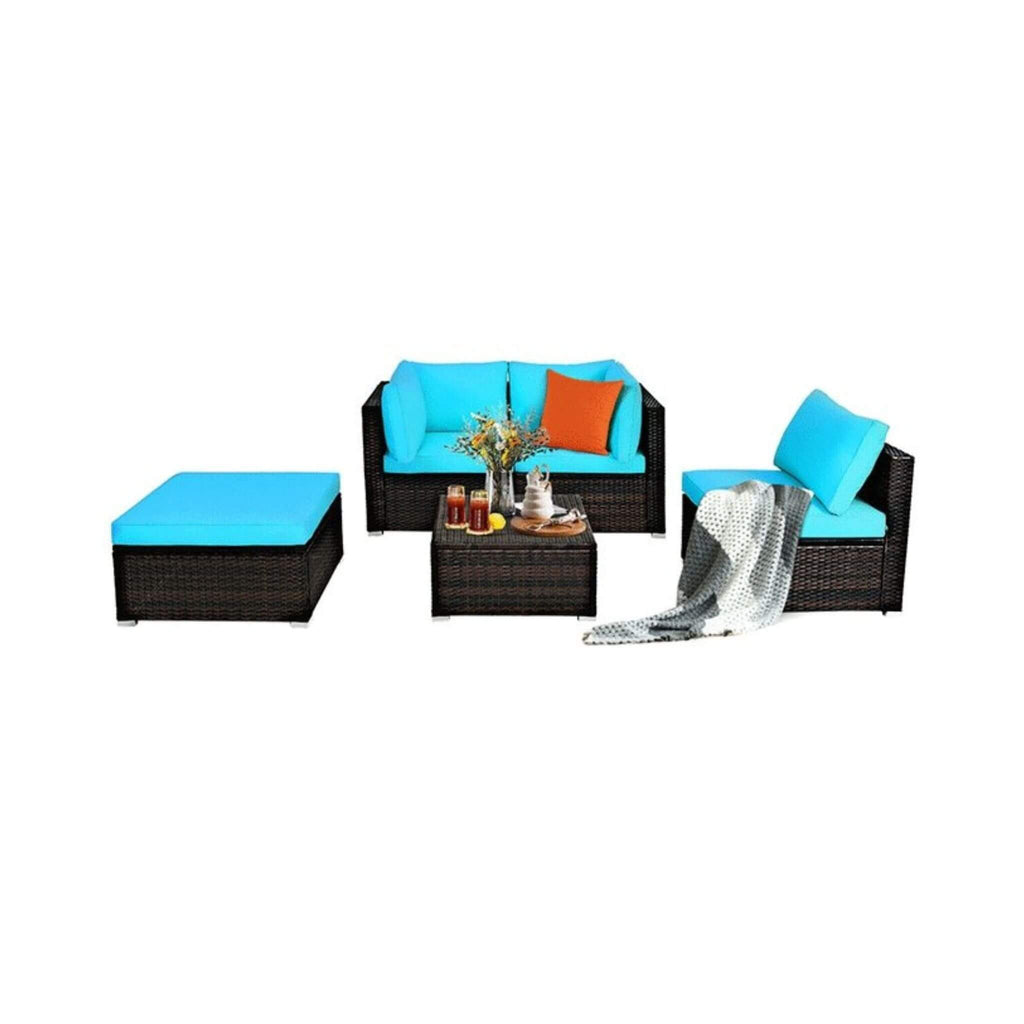 Outdoor Patio Rattan Turquoise Furniture Sectional Conversation Sofa Set, 5PCS (SAK56878)