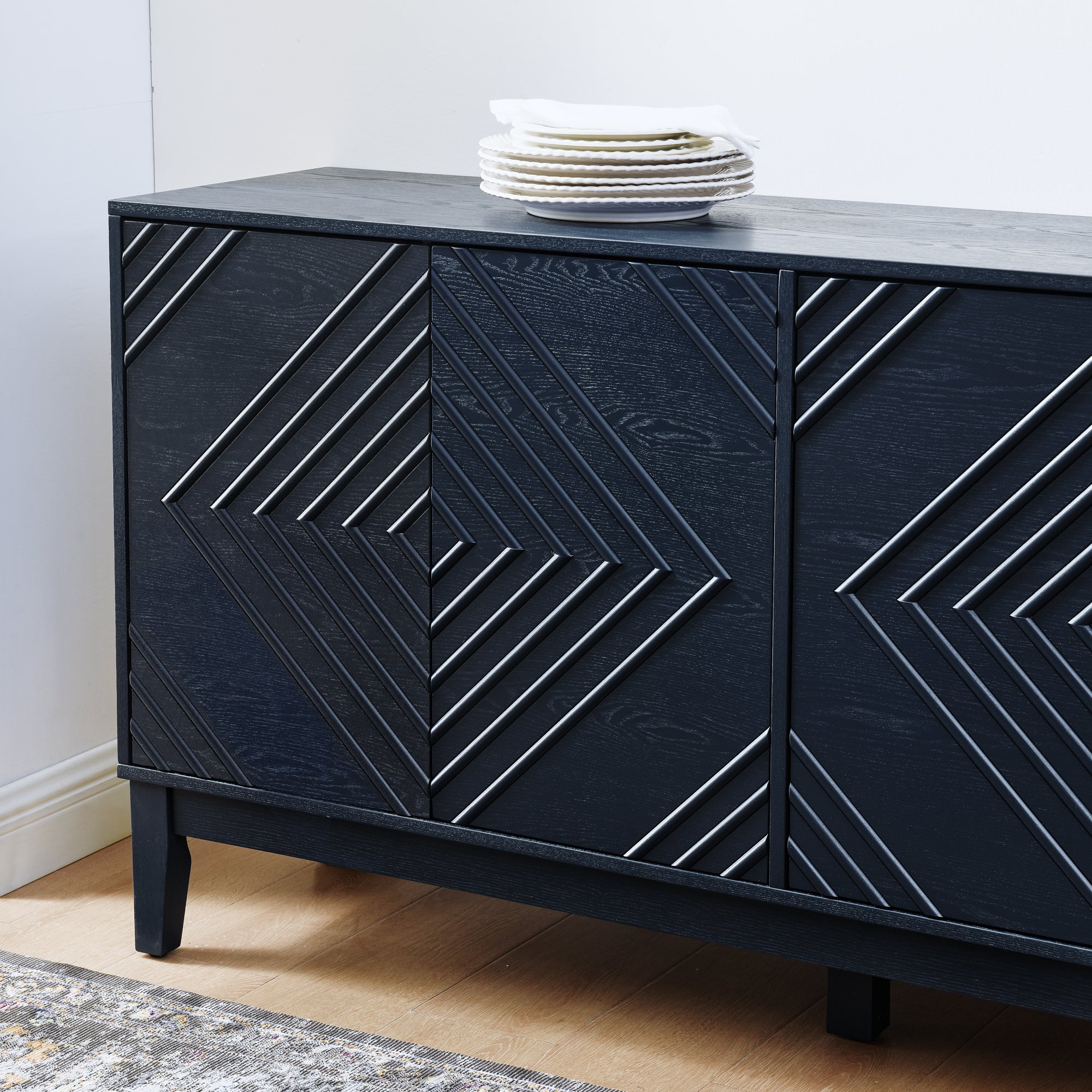 60.5'' Buffet Cabinet with Storage, Farmhouse Fluted Sideboard with Geometric Pattern & Adjustable Shelves, Mid Century Modern TV Stand for Living Room Kitchen Dining Room Entryway, Blue