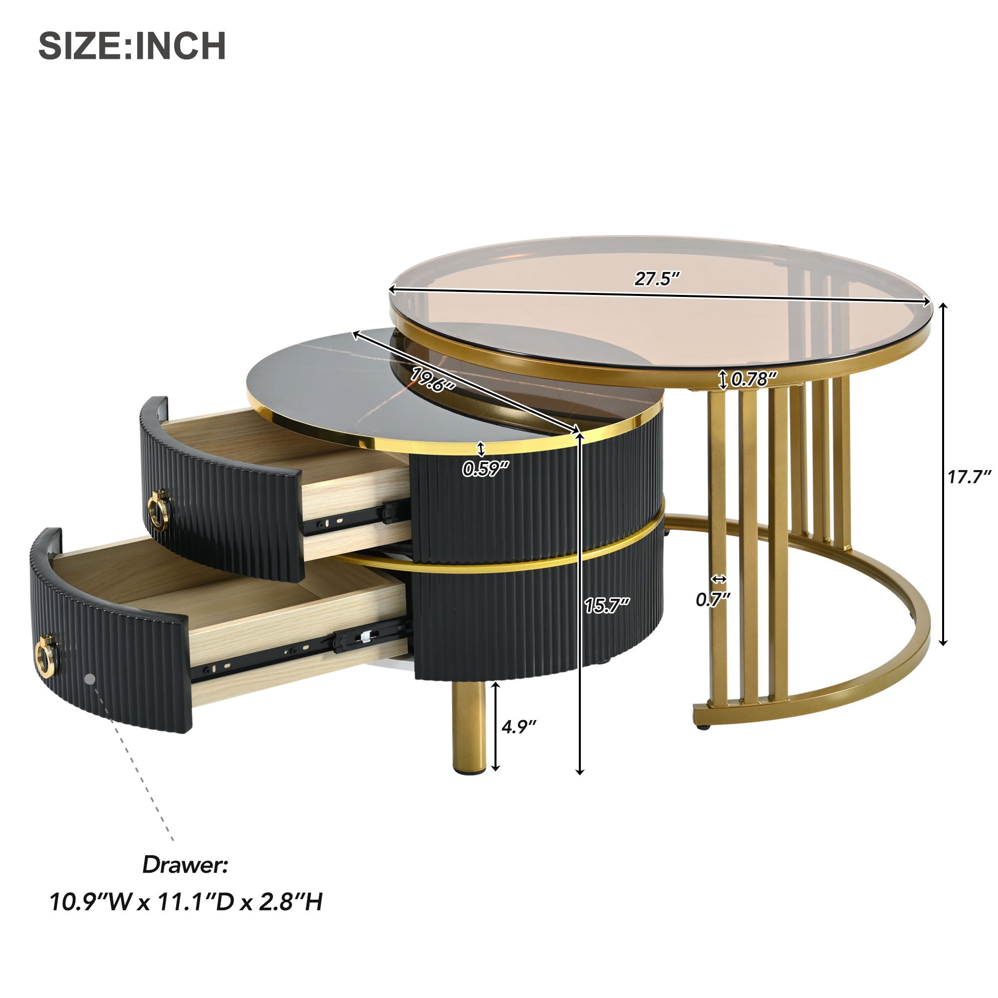 ON-TREND Φ27.5'' & Φ19.6'' Stackable Coffee Table with 2 Drawers, Nesting Tables with Brown Tempered Glass and High Gloss Marble Tabletop, Set of 2, Round Center Table for Living Room, Black