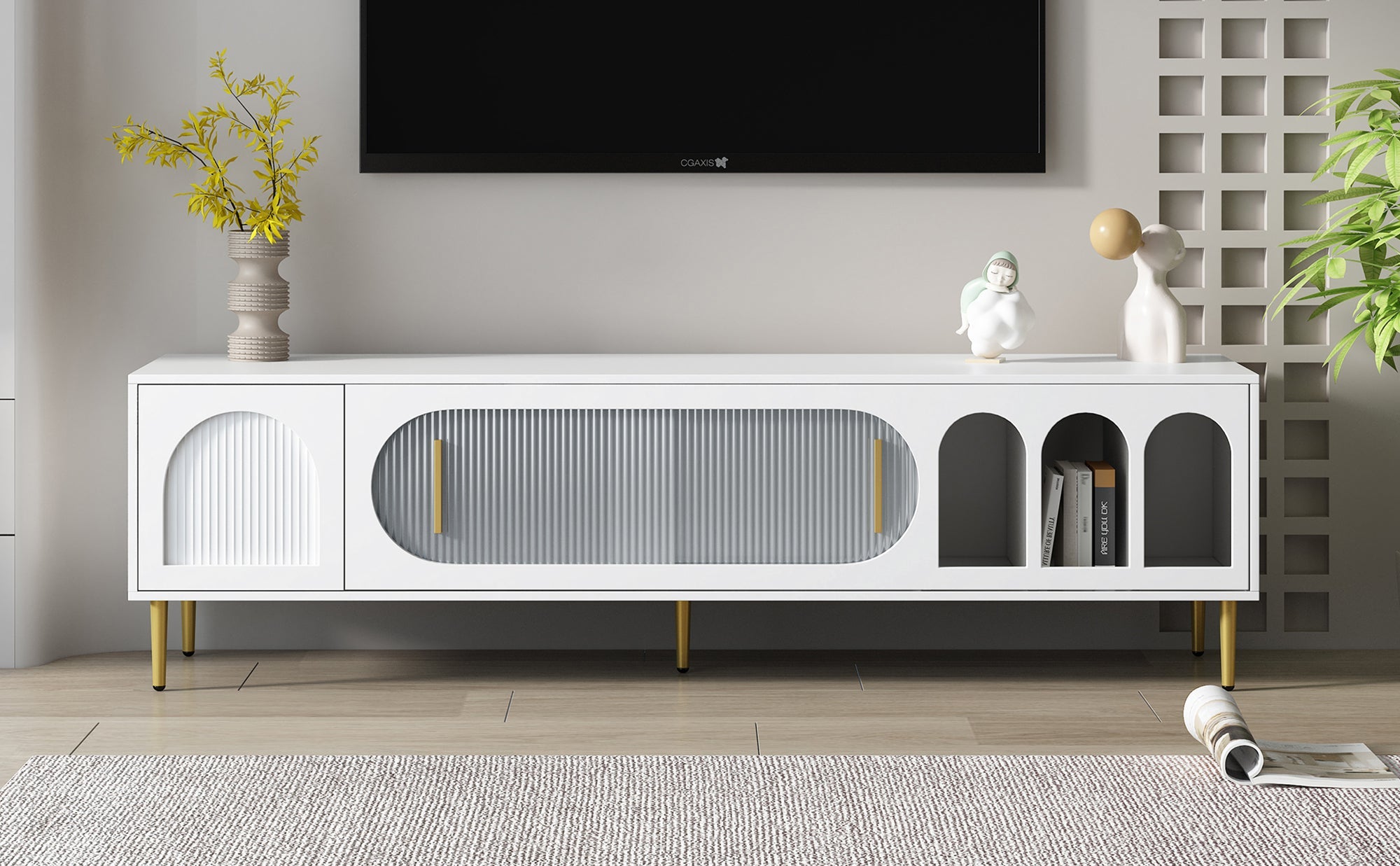 U-Can Modern TV Stand for up to 70 Inch TV, Entertainment Center TV Media Console Table, with 3 Shelves and 2 Cabinets, TV Console Cabinet Furniture for Living Room (Old SKU: WF314645AAK)