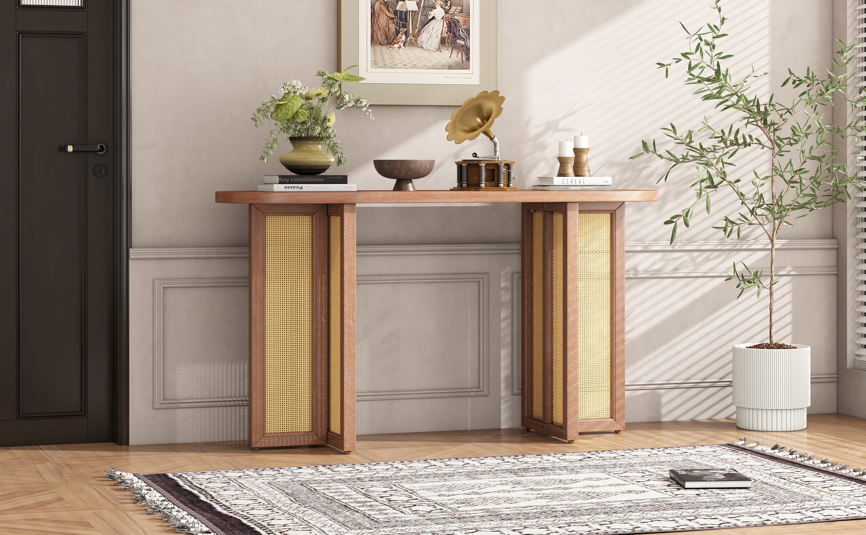 TREXM Farmhouse Rattan Console Table Entryway Table, Narrow Console Table with Storage, Hallway Table for Living Room, Entrance (Natural Wood Wash)