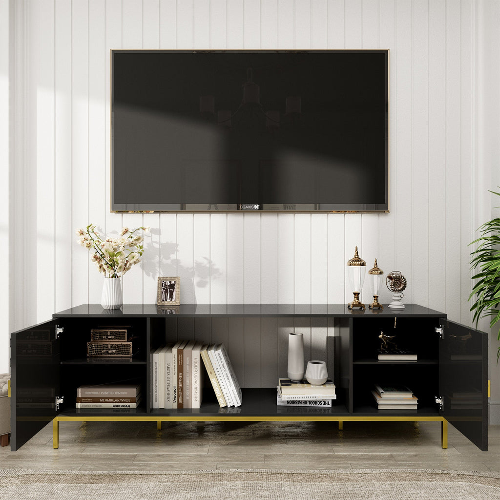 70 Inch TV Stand, Heavy Duty Wood Media Entertainment Center Console with Cabinet Storage & Open Shelves for Living Room, Modern Design (Black)