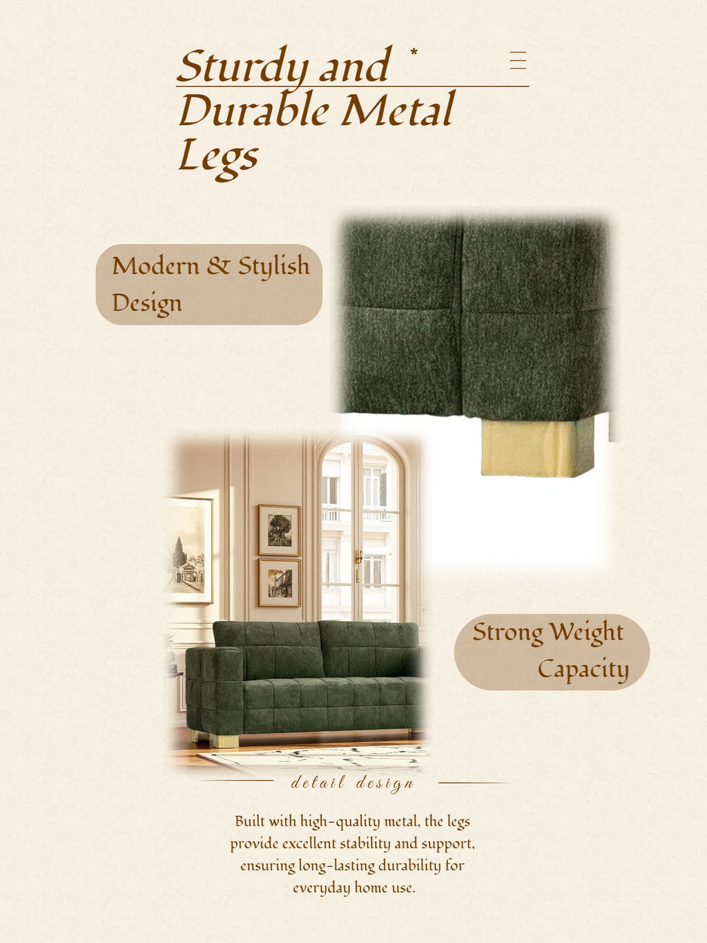 FX-P54-RG SOFA  Modern Green Chenille Sofa Couch, 3-Seater with Square-Tufted Design & Custom Stainless-Steel Legs Comfortable Living Room Couch for Apartment & Small Spaces