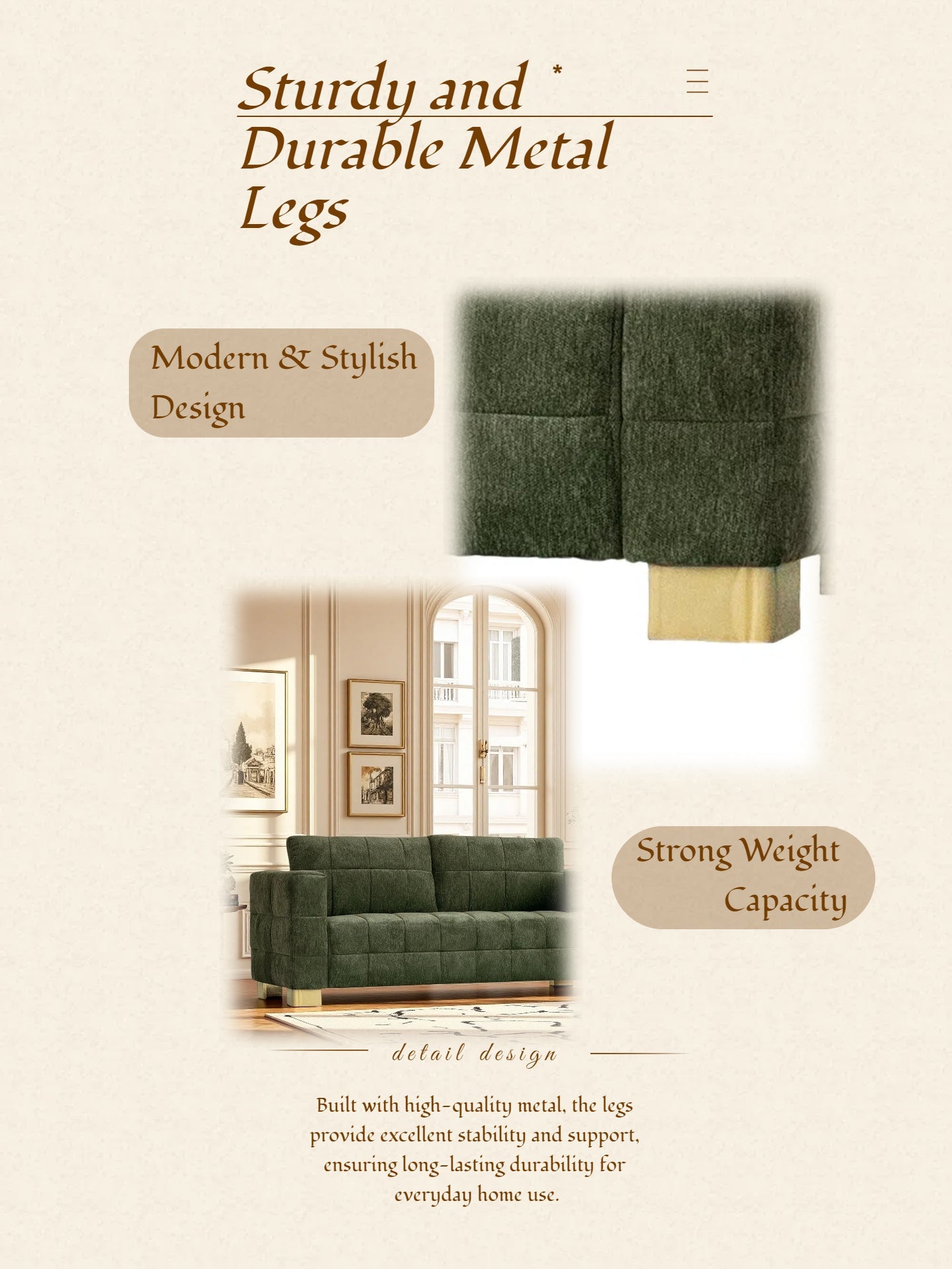 FX-P54-RG SOFA  Modern Green Chenille Sofa Couch, 3-Seater with Square-Tufted Design & Custom Stainless-Steel Legs Comfortable Living Room Couch for Apartment & Small Spaces