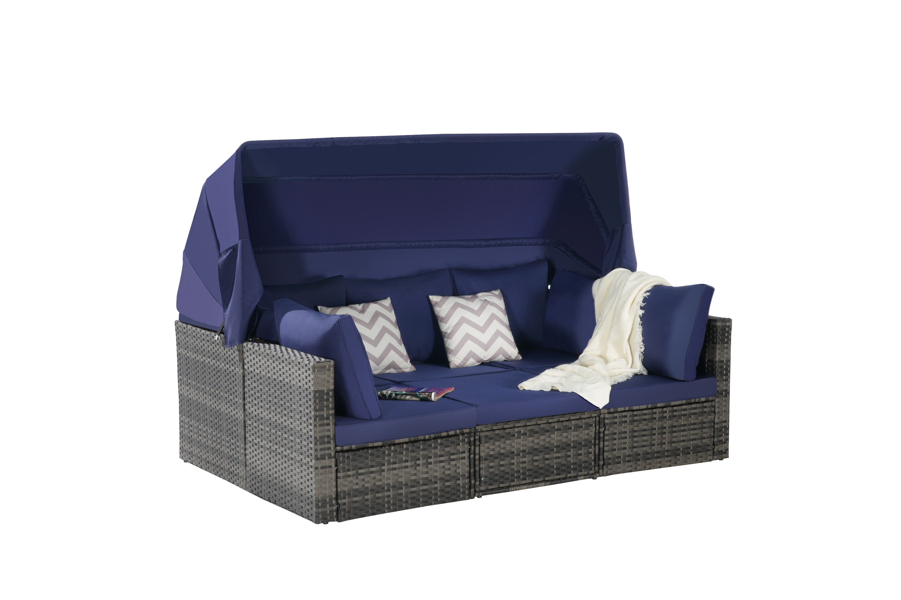 5 Pieces Outdoor Patio Wicker Daybed Furniture Set with Retractable Canopy, Storable Side Table, and Soft Cushions for Relaxing in Your Backyard or Porch