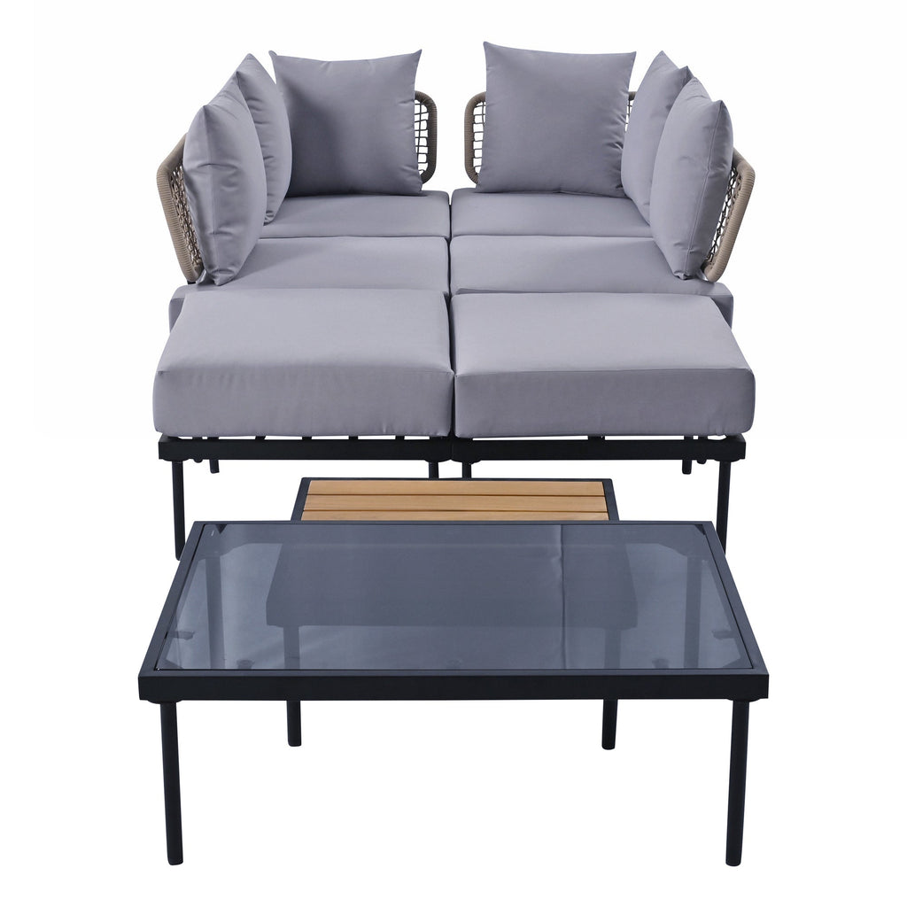 TREXM 8-Piece Patio Sectional Sofa Set with Tempered Glass Coffee Table and Wooden Coffee Table for Outdoor Oasis, Garden, Patio and Poolside (Light Grey Cushion + Black Steel)