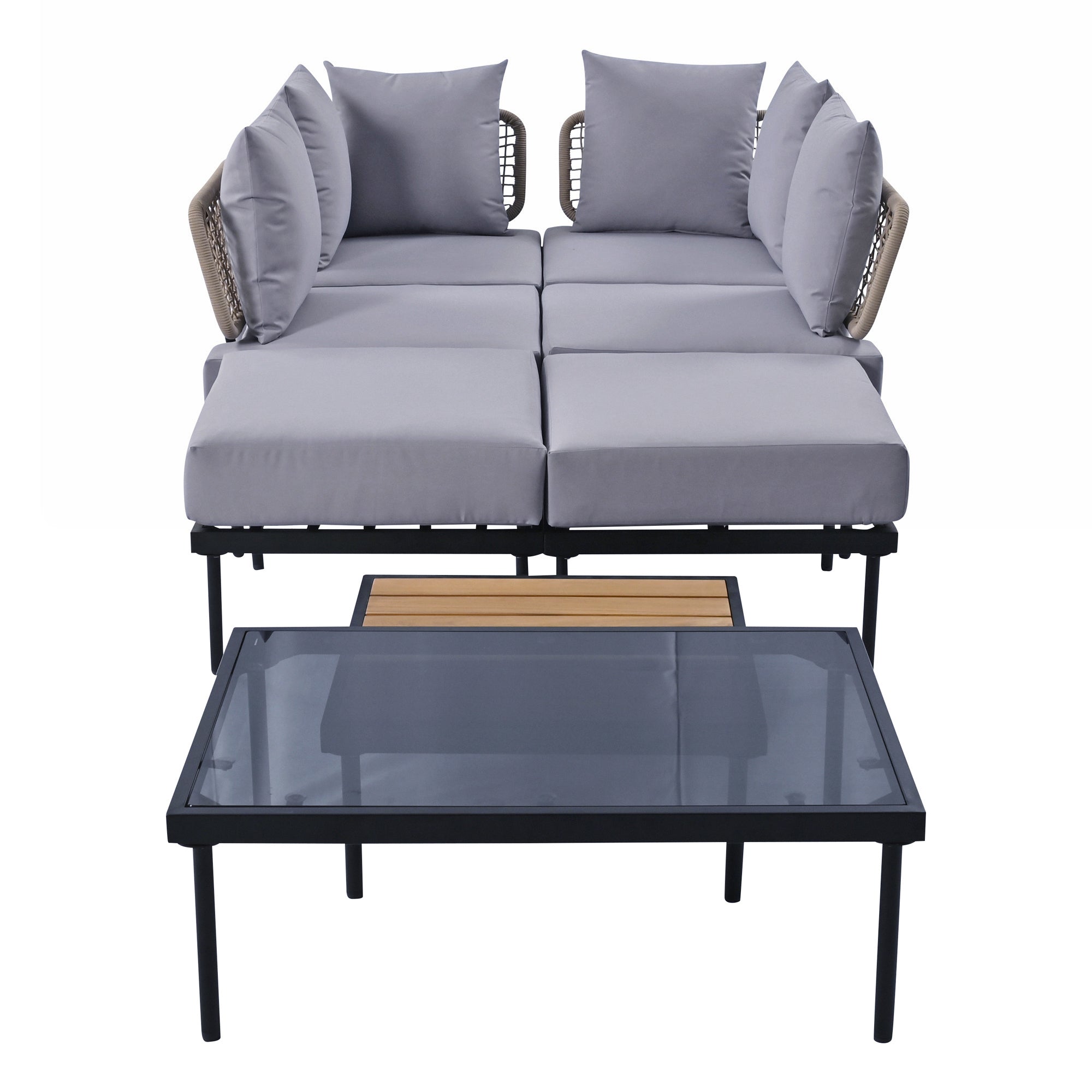 TREXM 8-Piece Patio Sectional Sofa Set with Tempered Glass Coffee Table and Wooden Coffee Table for Outdoor Oasis, Garden, Patio and Poolside (Light Grey Cushion + Black Steel)