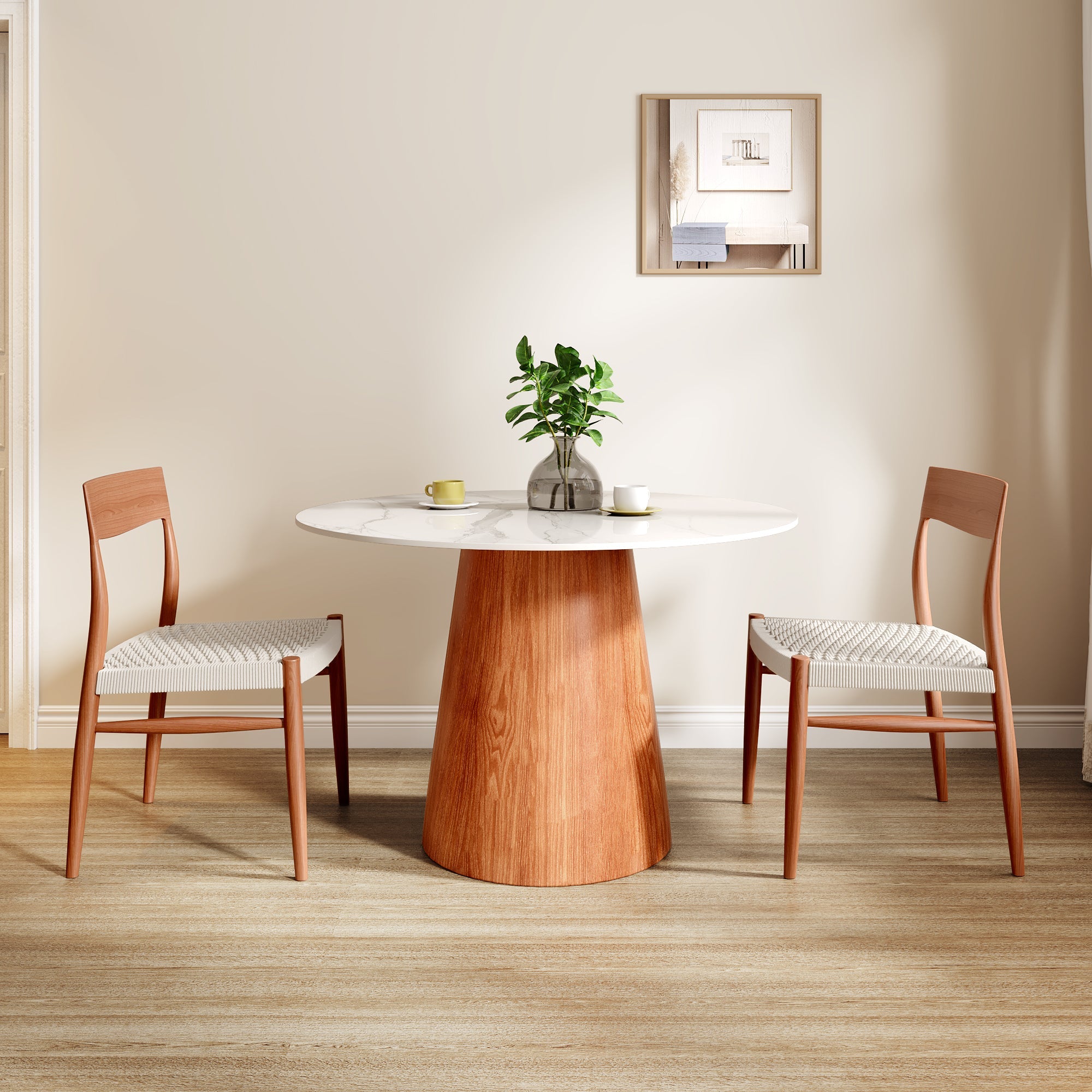 Small Round Solid Wood Pedestal Dining Table Table 43' For 2-4 Person -  White Grey