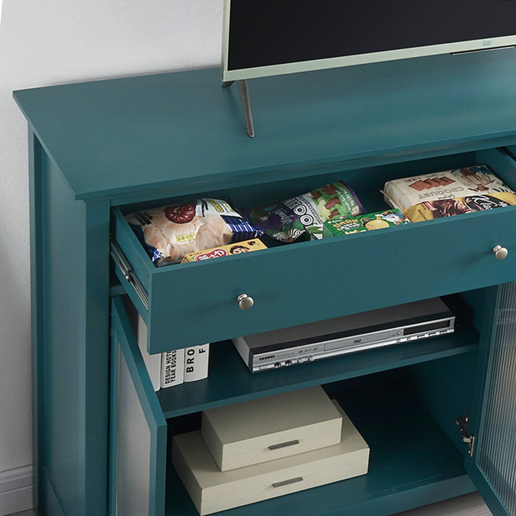 65' TV Console, Storage Buffet Cabinet, Sideboard with Glass Door and Adjustable Shelves, Console Table, Teal Blue