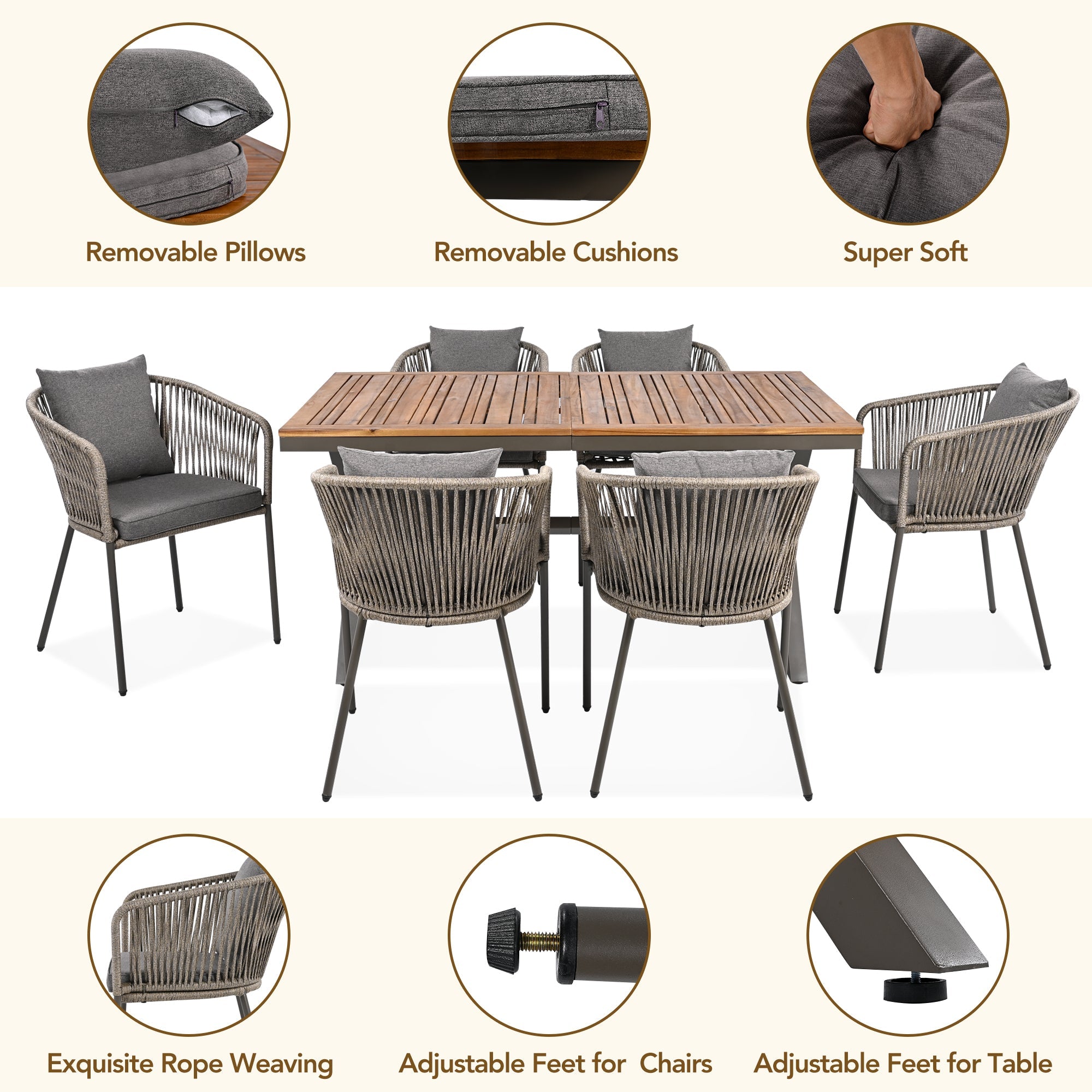 GO 7 Pieces Patio Dining Set, All-Weather Outdoor Furniture Set with Dining Table and Chairs, Acacia Wood Tabletop, Metal Frame, for for Garden, Backyard, Balcony, Grey