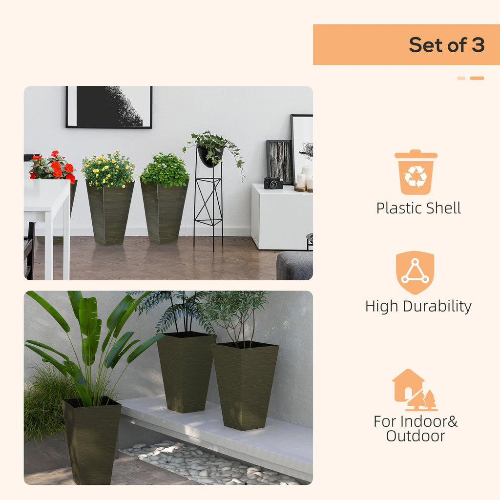 Outsunny 28' Tall Outdoor Planters, Set of 3 Large Taper Planters with Drainage Holes and Plug, Faux Wood Plastic Flower Pots for Outdoor, Indoor, Garden, Patio, Dark Brown