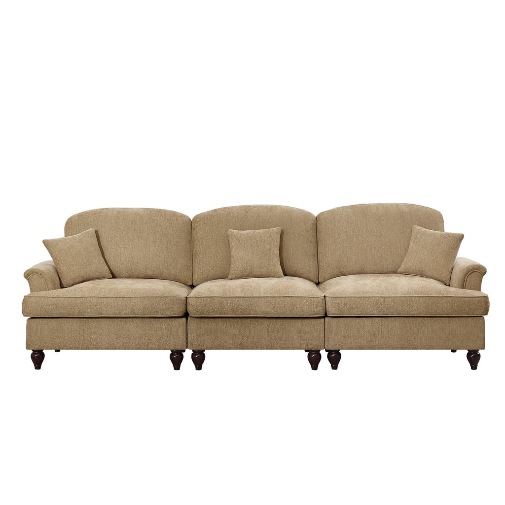 Elegant Mid Century Large 3 Seater Sofa Couch with Flared Arms and Removable Ruffles Pleats Skirts and Spindle Legs, Comfy Chenille Three-Seat Sofa for Living Room, Light Coffee