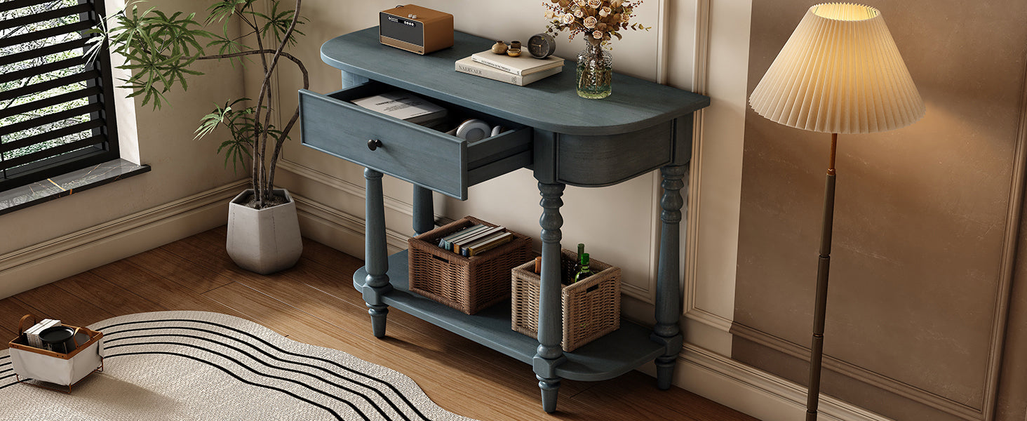 TREXM Narrow Console Table with Curved Corner, Retro Entryway Table with Top Drawer and Open Shelf, Sofa Table Console Tables for Entryway, Hallway and Living Room (Navy)