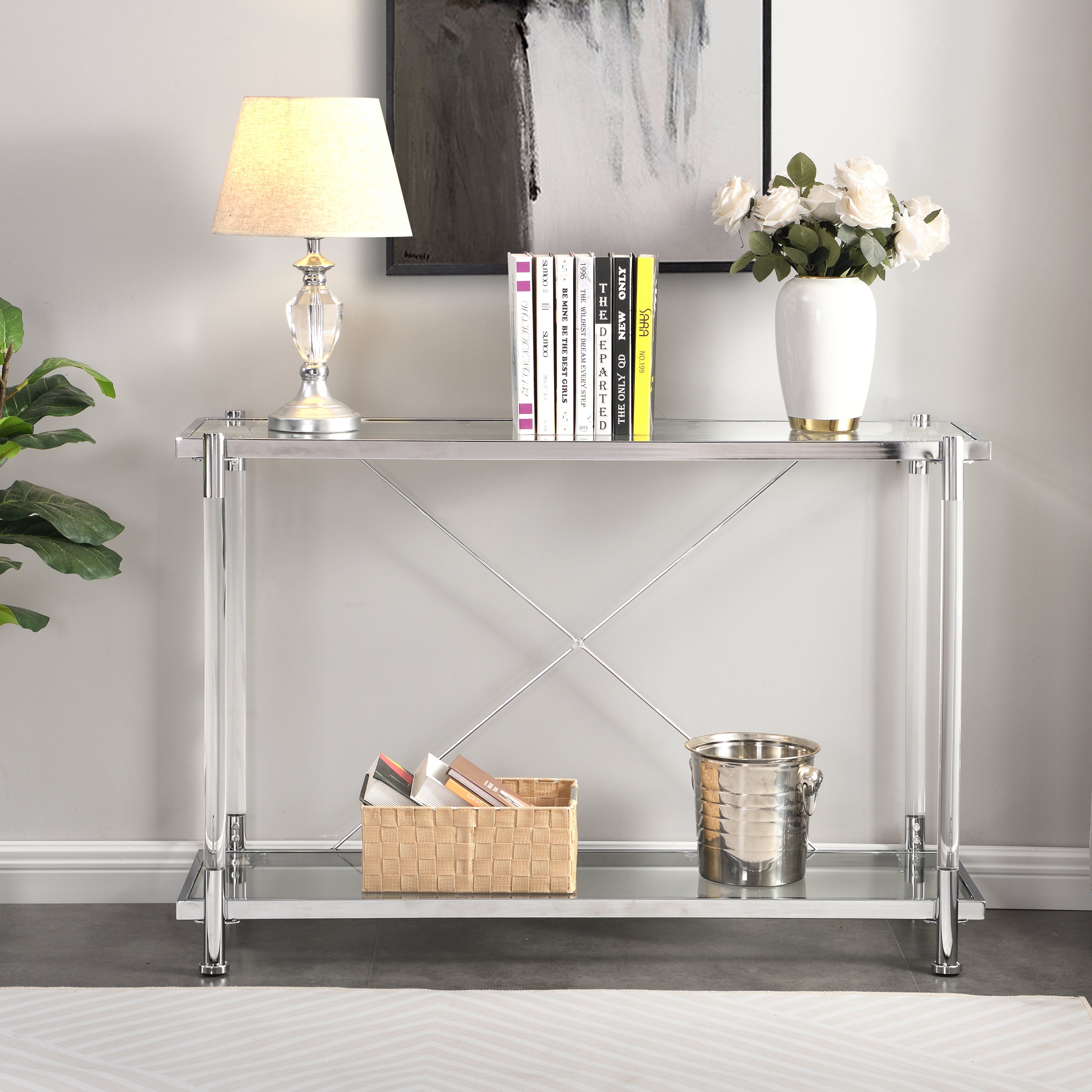 43.31'' Chrome Glass Sofa Table, Acrylic Side Table, Console Table for Living Room& Bedroom