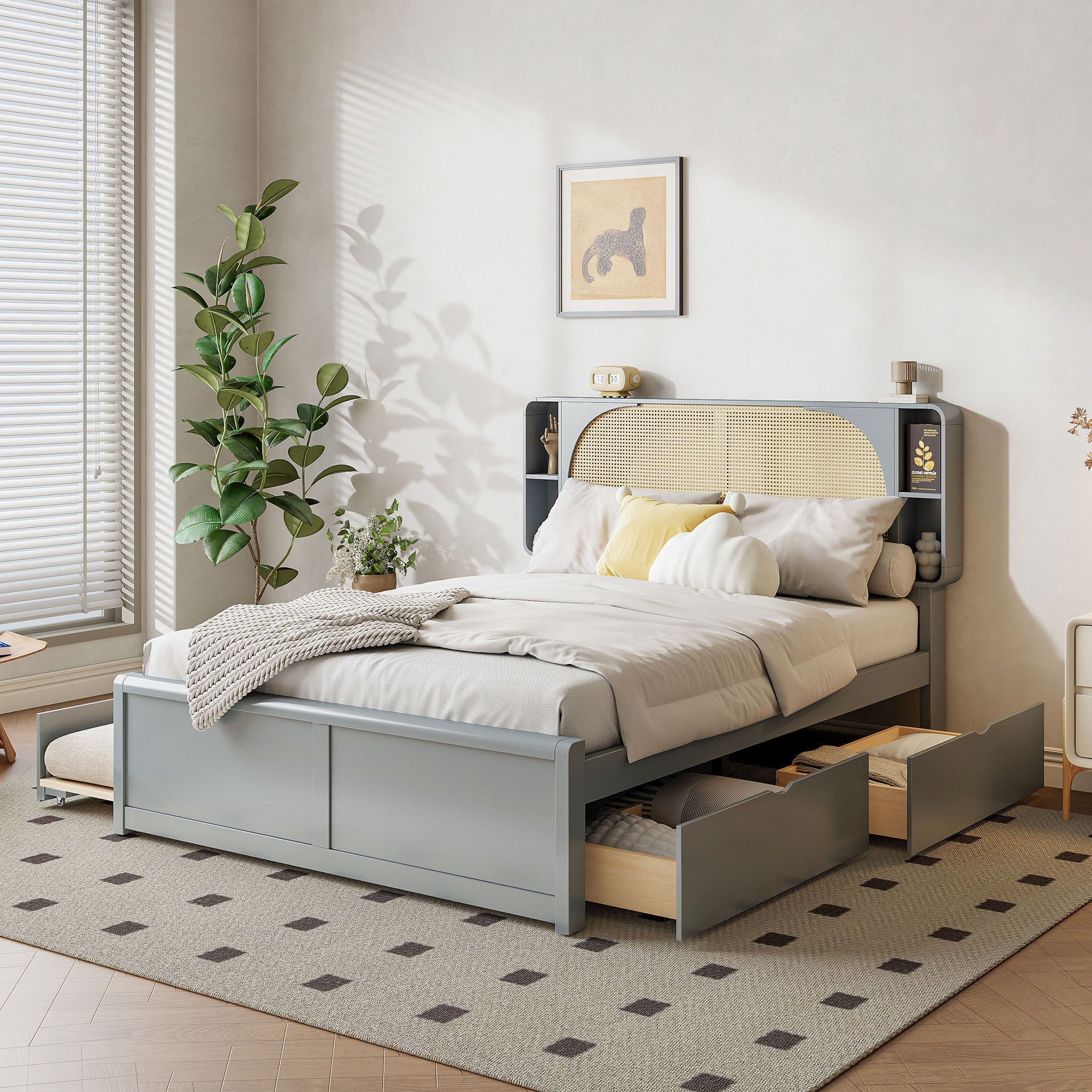Queen Size Rattan Headboard Bed with Two Drawers and Trundle, Gray
