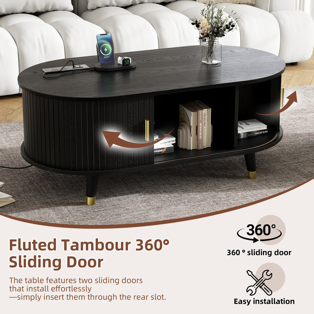 Wooden Farmhouse TV Stand & Coffee Table Set with Charging Station, Oval Fluted Media Console with Sliding Doors for TVs up to 80', Mid-Century Center Table with Solid Wood Legs for Living Room,Black