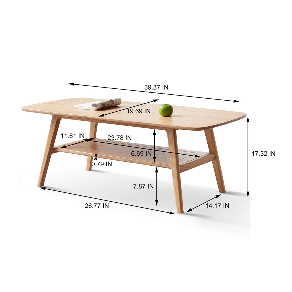 Natural Solid Wood Coffee Table with Storage Shelf, Easy Assembly, Oak Finish, 39.4 Inches