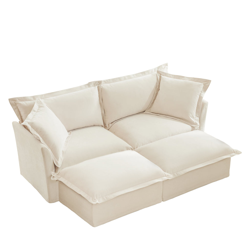 Slipcovered Sofa 2 Seater Sofa    With 2 Ottomans, 2 Seater Sleeper Sofa Bed Home Theater Oversized Sofa For Living Room, Chenille, Cream