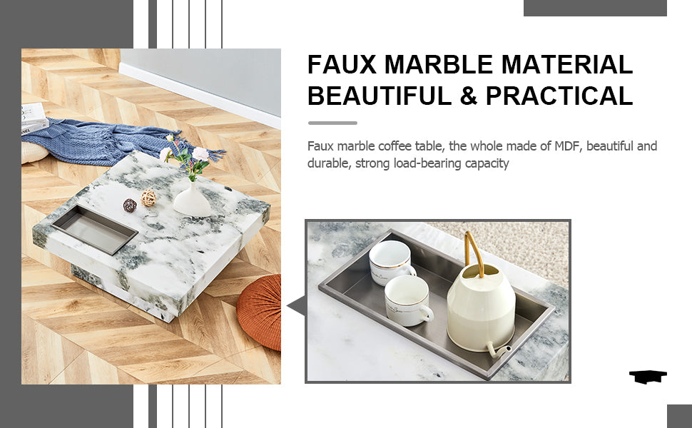 A modern and practical coffee table, black and white in imitation marble pattern, made of MDF material. The fusion of elegance and natural fashion 31.4"* 31.4"* 12 "